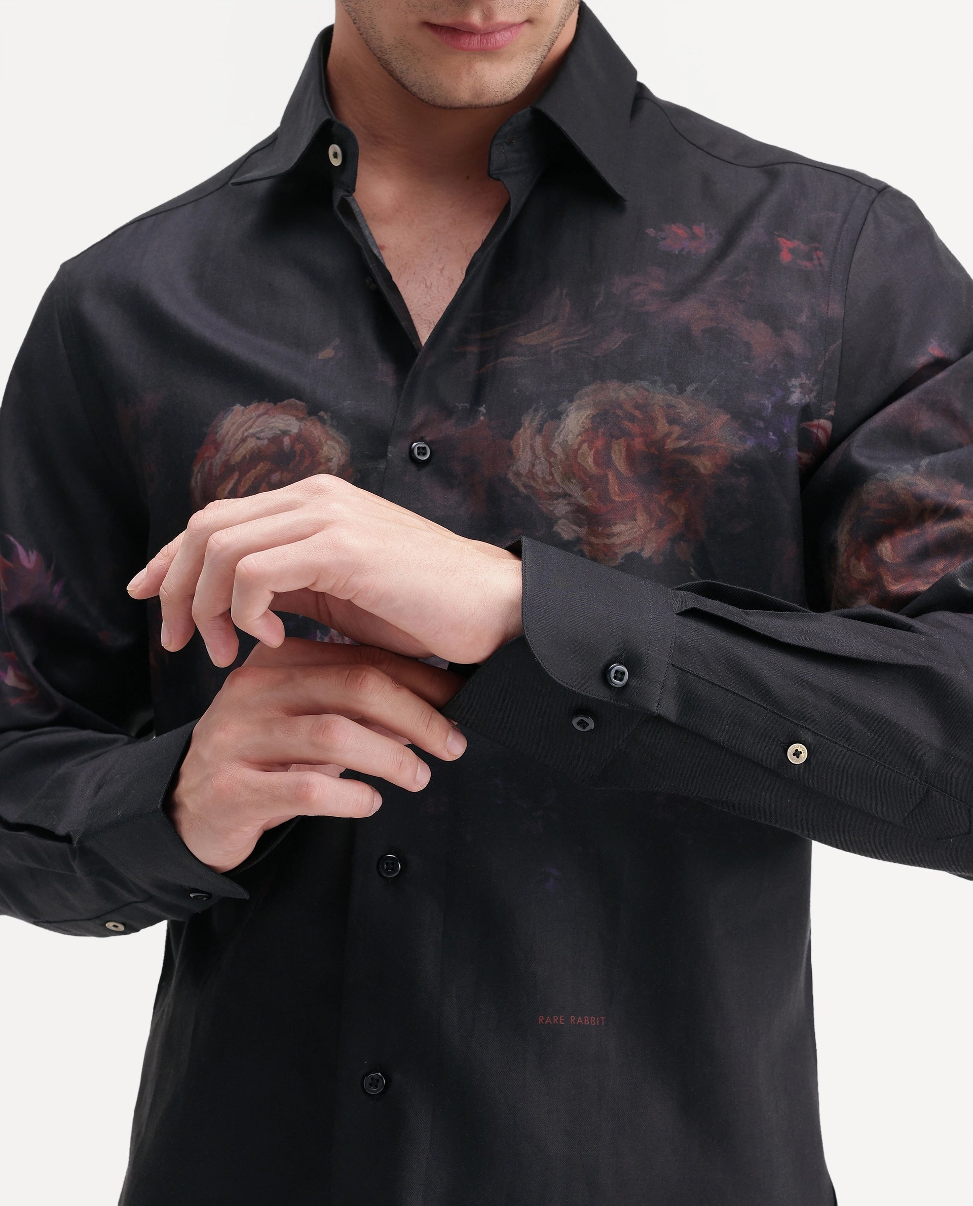Rare Rabbit Men's Gyde Black Cotton Blend Button Regular Fit Floral Print Shirt