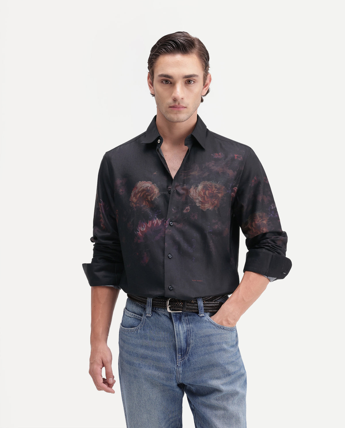 Rare Rabbit Men's Gyde Black Cotton Blend Button Regular Fit Floral Print Shirt