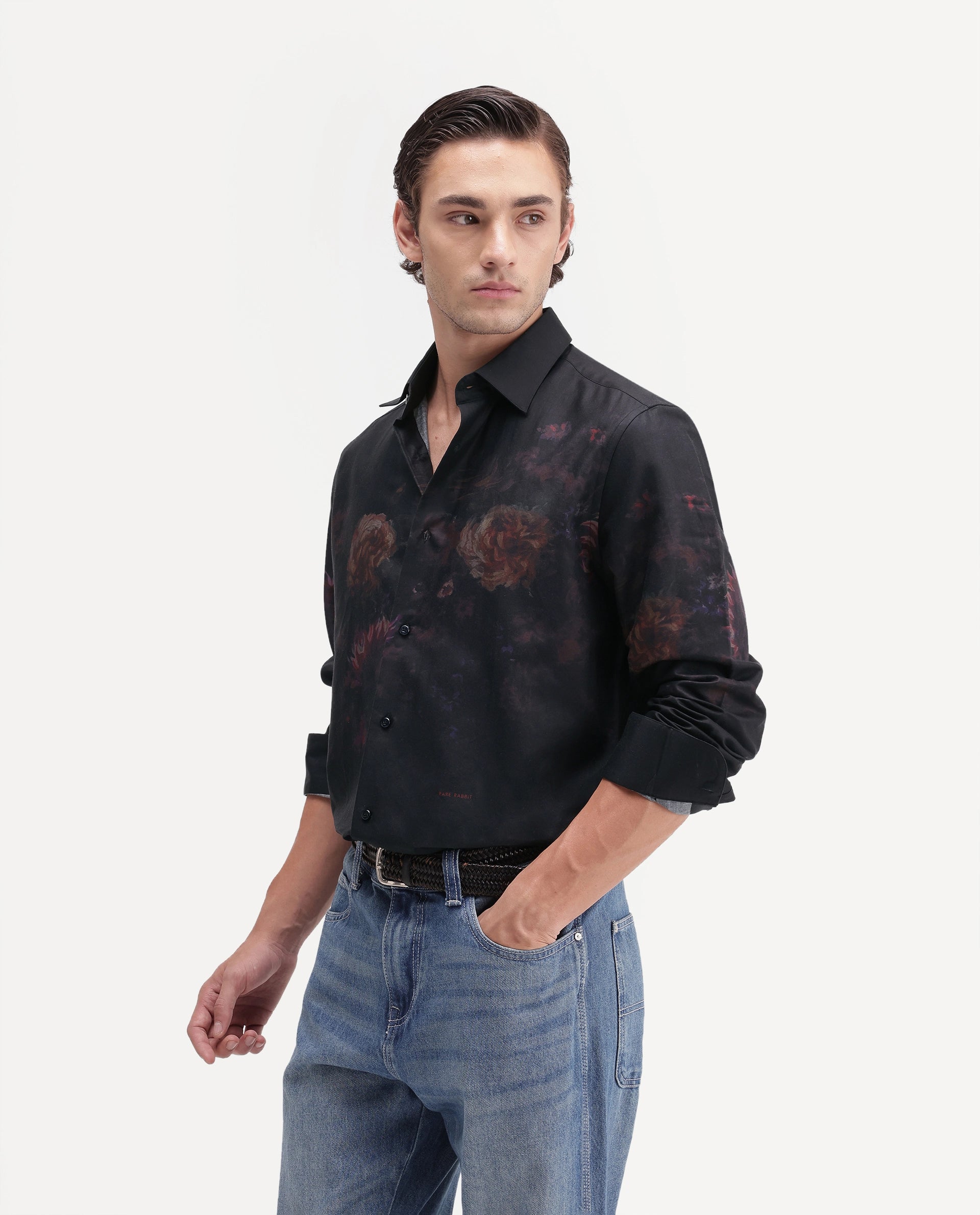 Rare Rabbit Men's Gyde Black Cotton Blend Button Regular Fit Floral Print Shirt