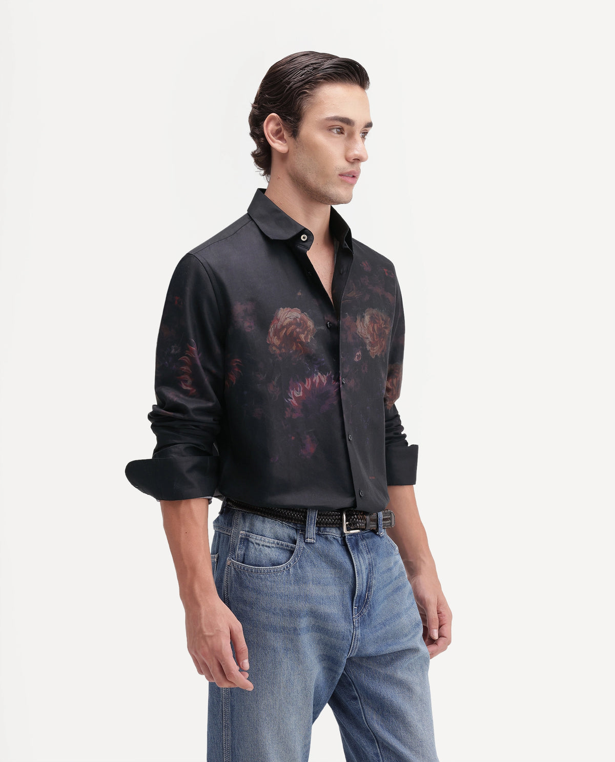 Rare Rabbit Men's Gyde Black Cotton Blend Button Regular Fit Floral Print Shirt