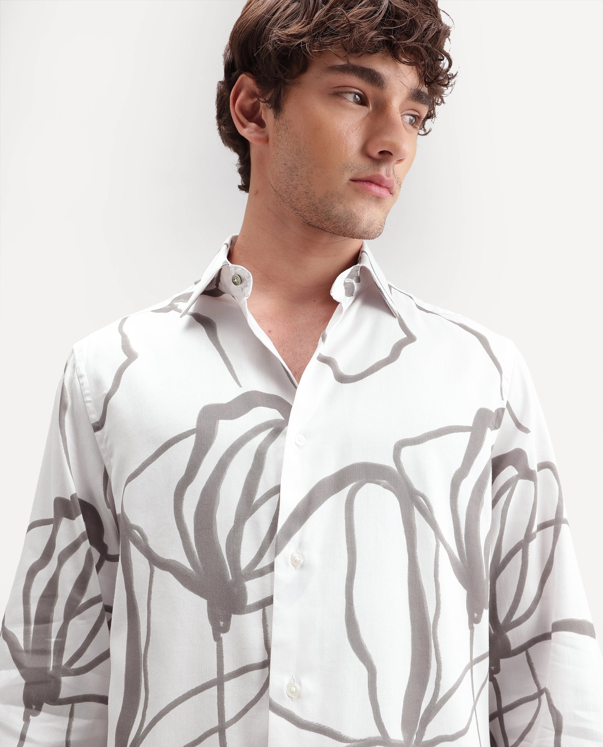 Rare Rabbit Men's Ink Off White Cotton Blend Button Regular Fit Abstract Print Shirt