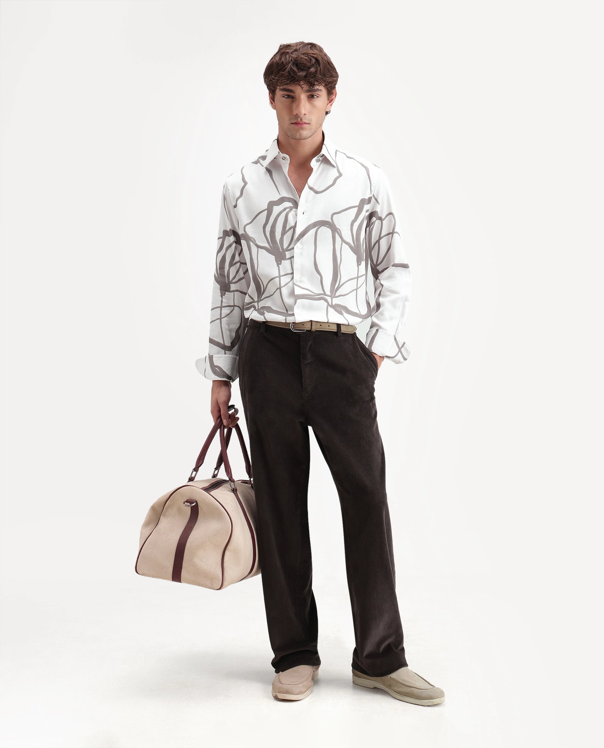 Rare Rabbit Men's Ink Off White Cotton Blend Button Regular Fit Abstract Print Shirt