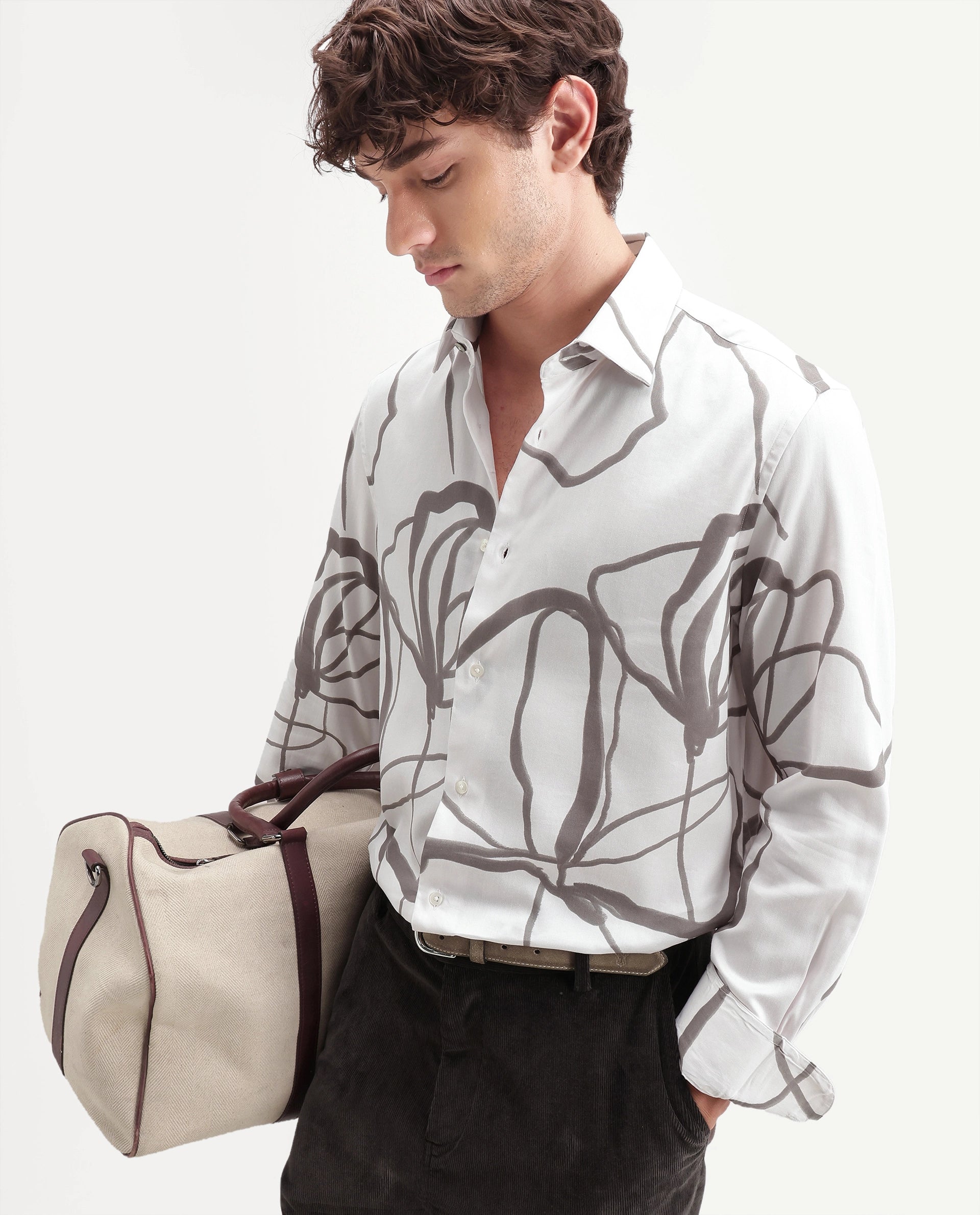Rare Rabbit Men's Ink Off White Cotton Blend Button Regular Fit Abstract Print Shirt
