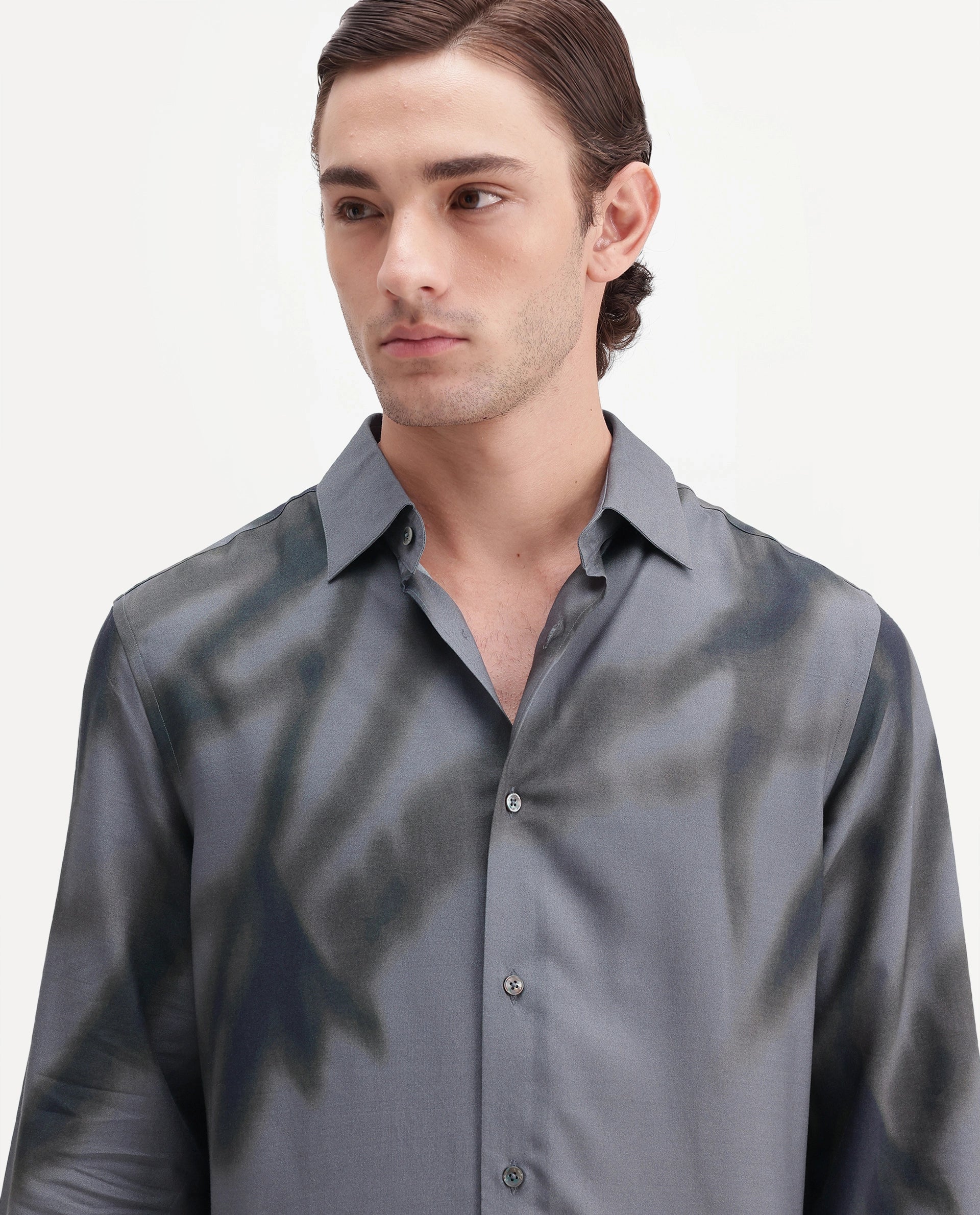Rare Rabbit Men's Kain Dark Grey Viscose Button Regular Fit Abstract Print Shirt