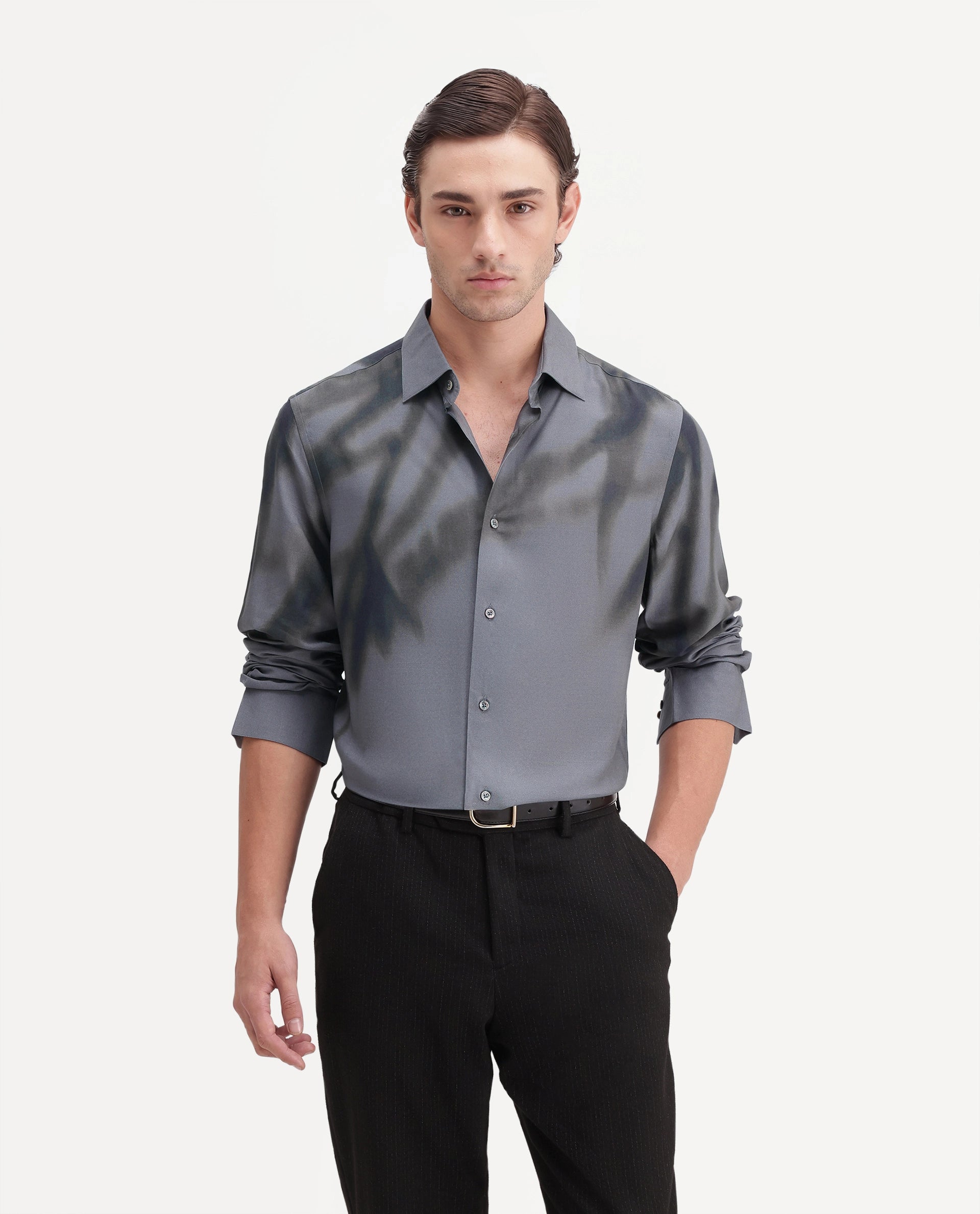 Rare Rabbit Men's Kain Dark Grey Viscose Button Regular Fit Abstract Print Shirt