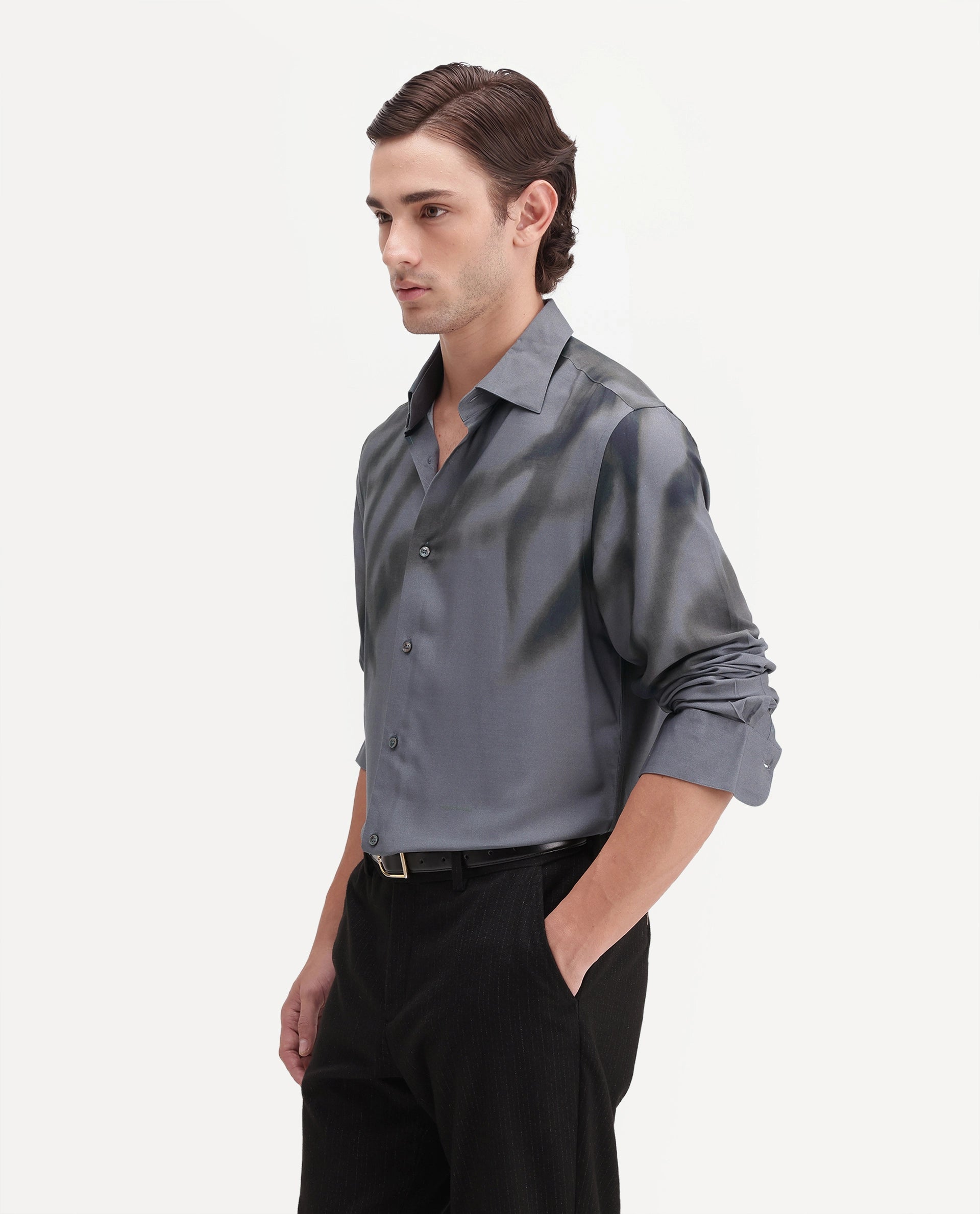 Rare Rabbit Men's Kain Dark Grey Viscose Button Regular Fit Abstract Print Shirt