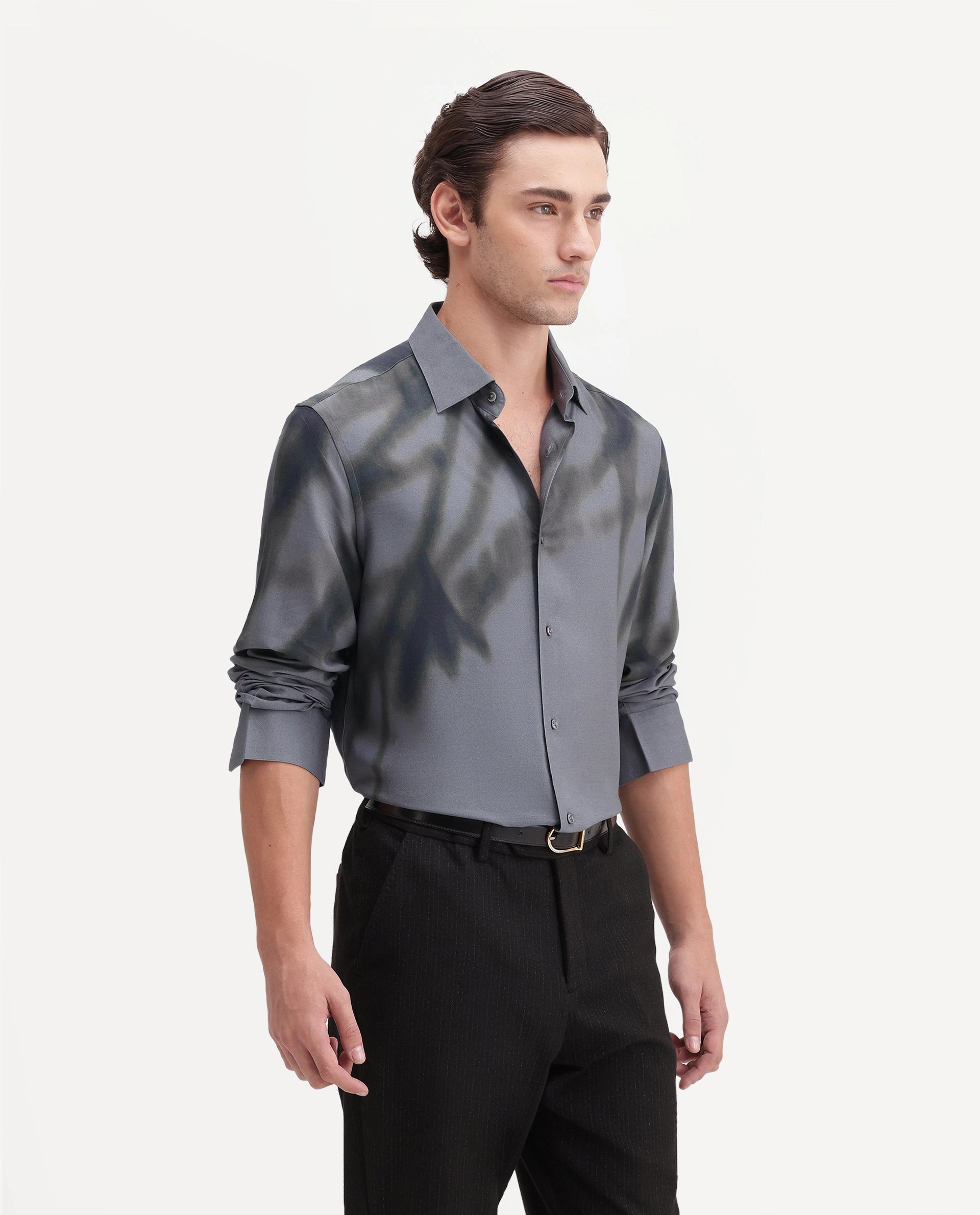 Rare Rabbit Men's Kain Dark Grey Viscose Button Regular Fit Abstract Print Shirt