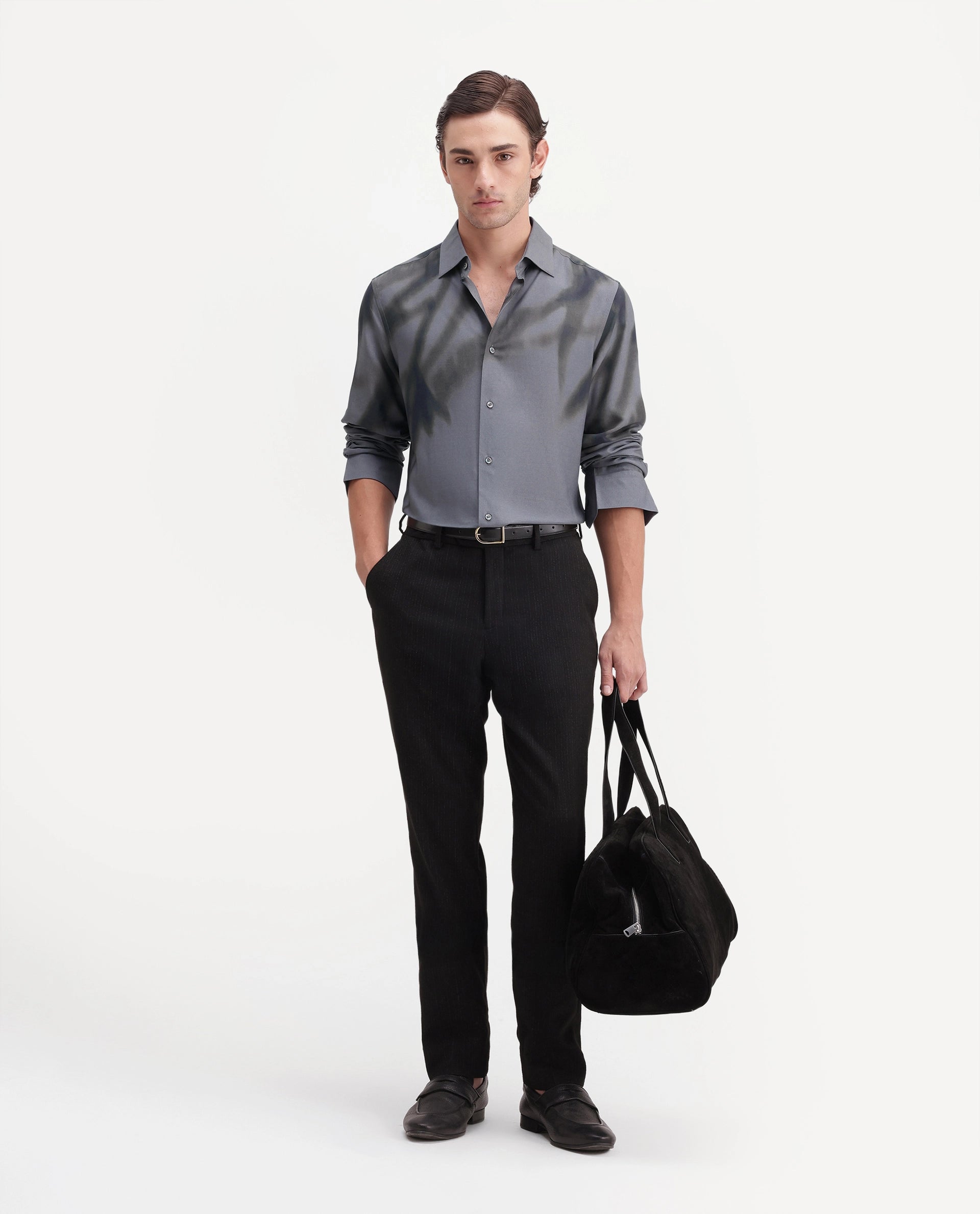 Rare Rabbit Men's Kain Dark Grey Viscose Button Regular Fit Abstract Print Shirt