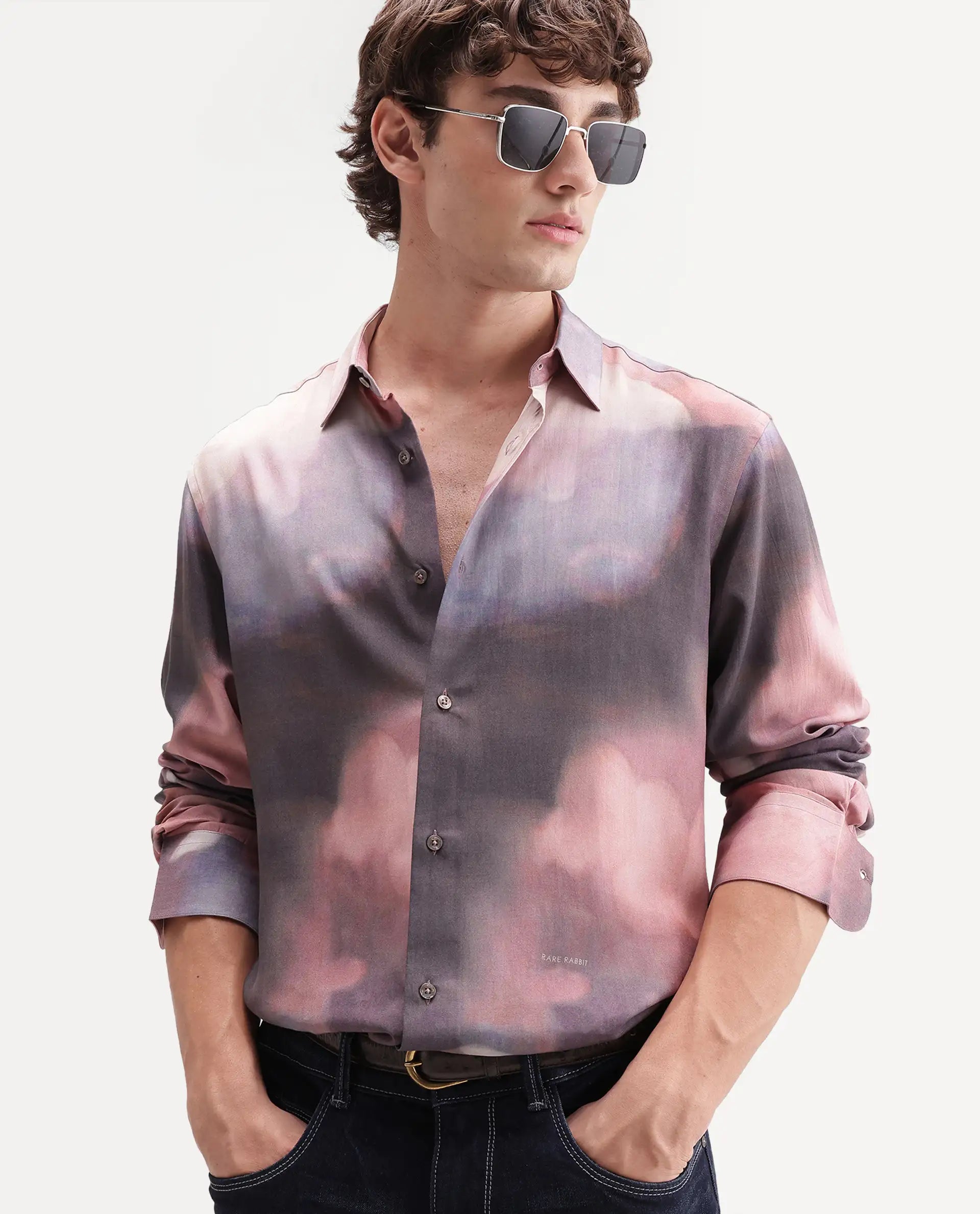 Rare Rabbit Men's Kale Dusky Brown Viscose Blend Button Regular Fit Abstract Print Shirt
