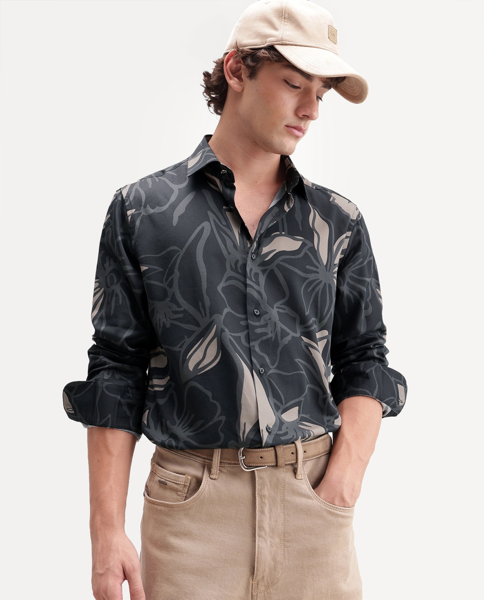 Rare Rabbit Men's Lind Black Cotton Blend Button Regular Fit Floral Print Shirt