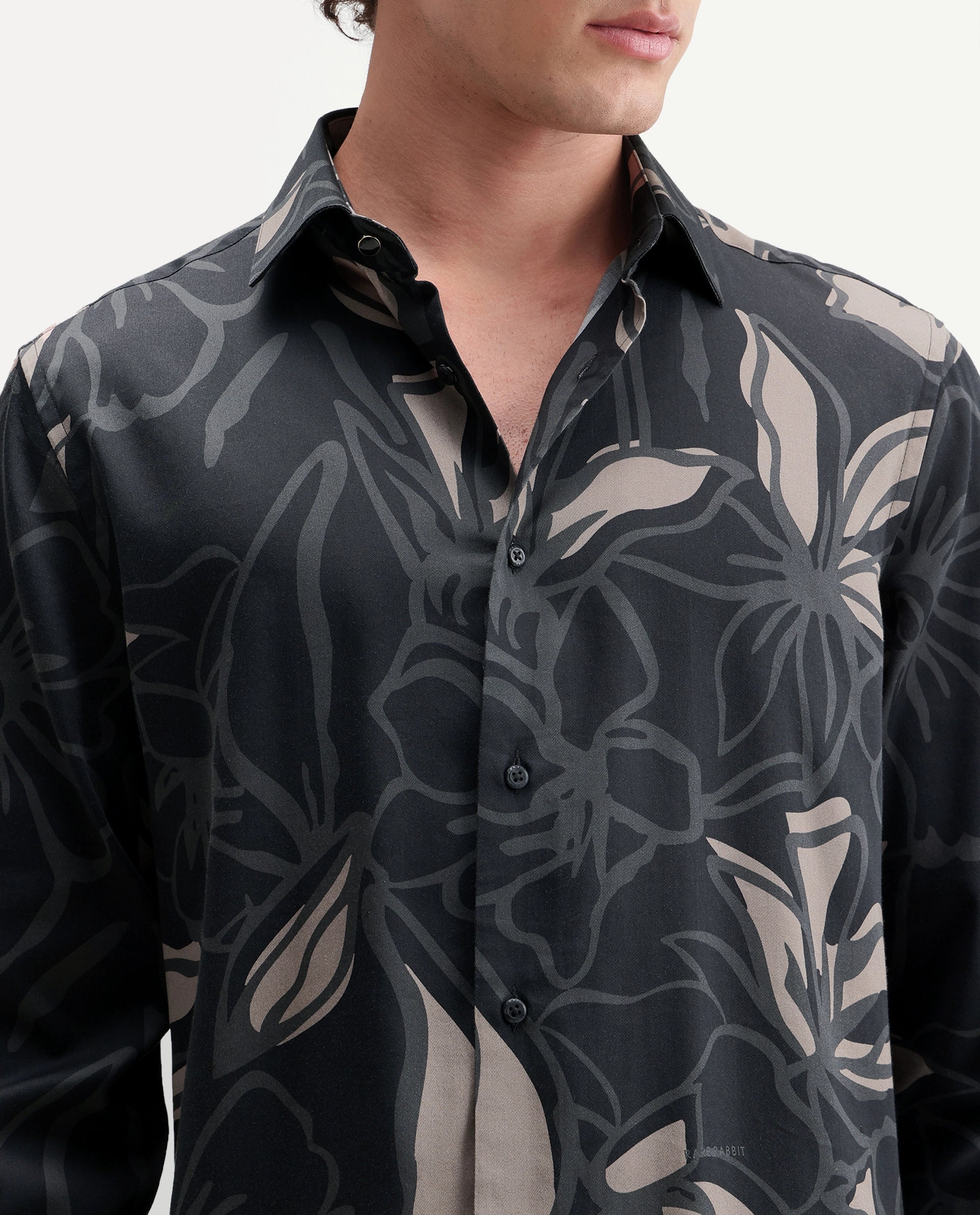 Rare Rabbit Men's Lind Black Cotton Blend Button Regular Fit Floral Print Shirt