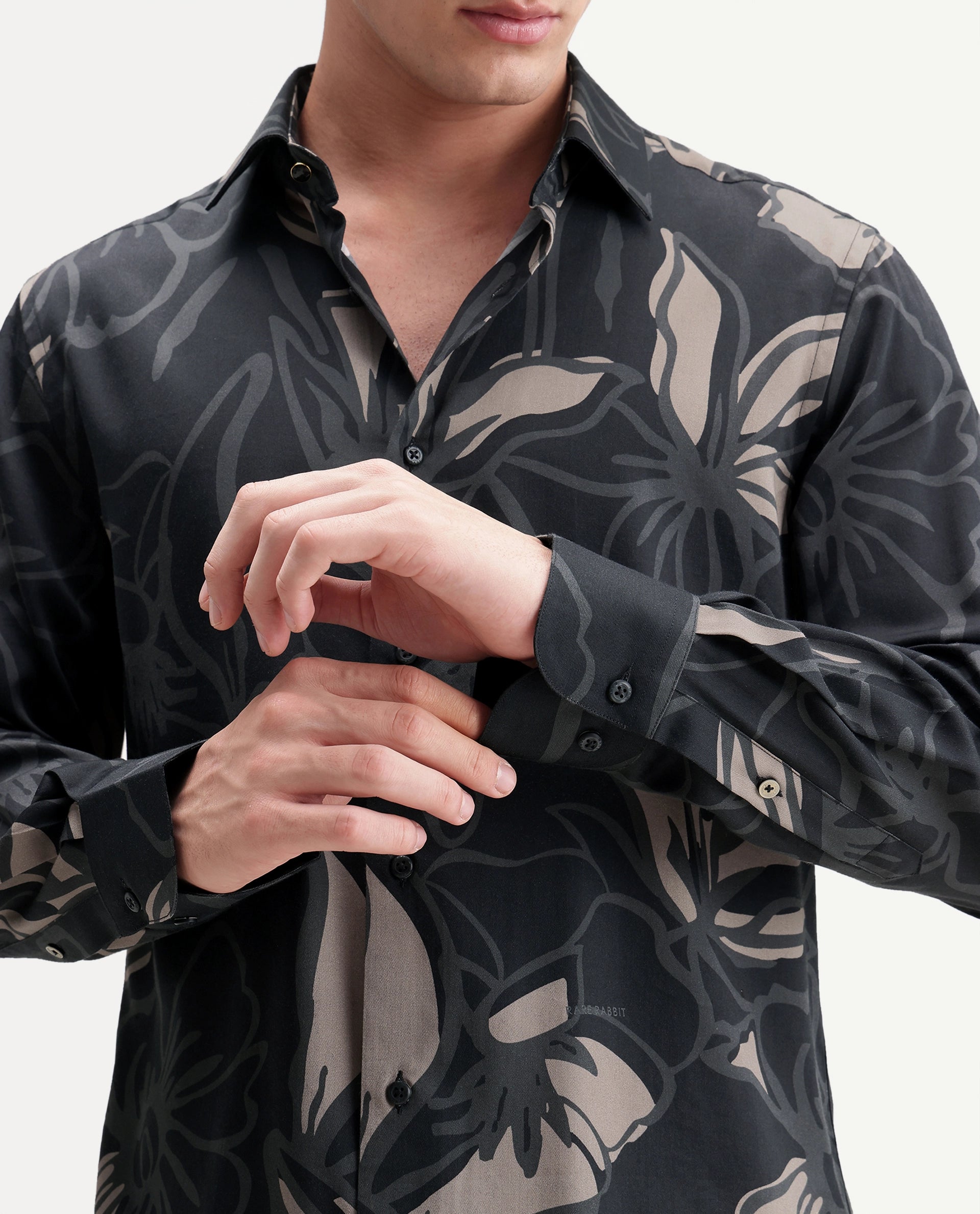 Rare Rabbit Men's Lind Black Cotton Blend Button Regular Fit Floral Print Shirt