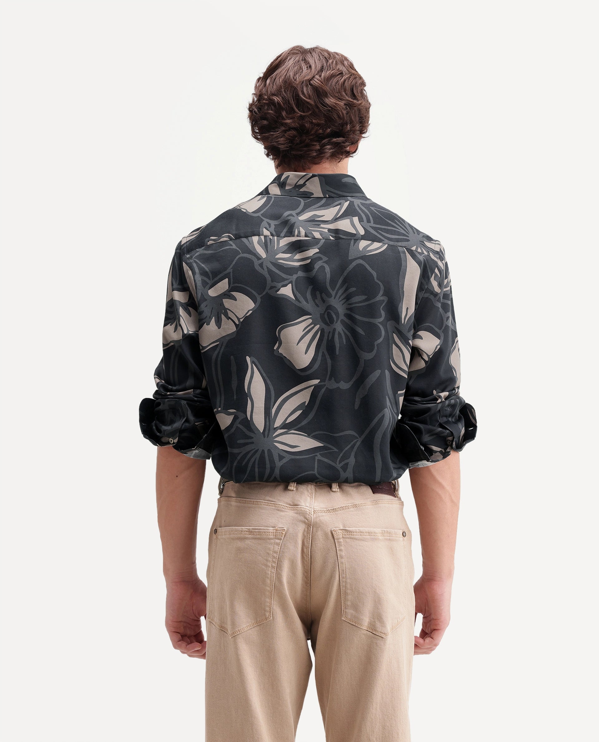 Rare Rabbit Men's Lind Black Cotton Blend Button Regular Fit Floral Print Shirt