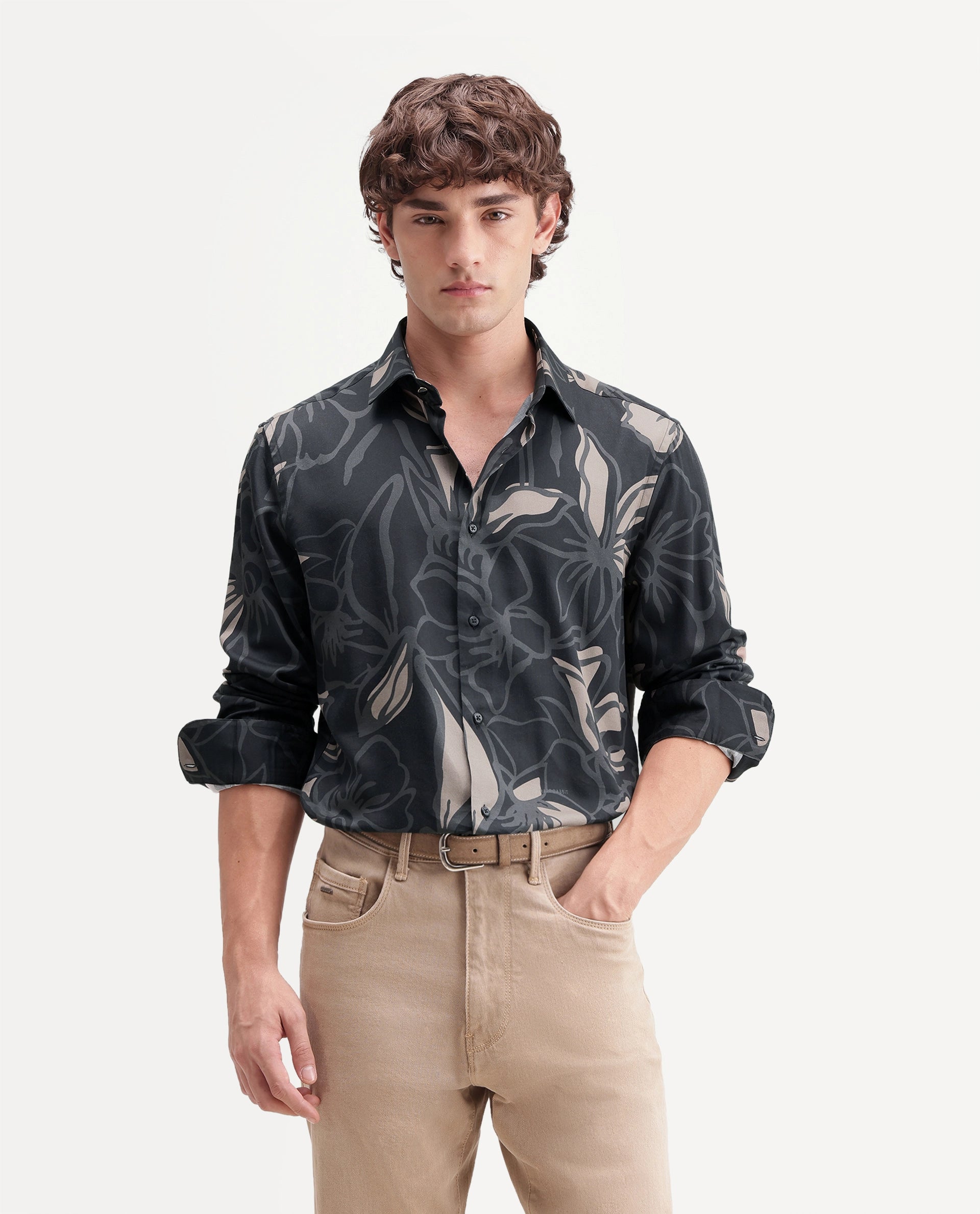 Rare Rabbit Men's Lind Black Cotton Blend Button Regular Fit Floral Print Shirt