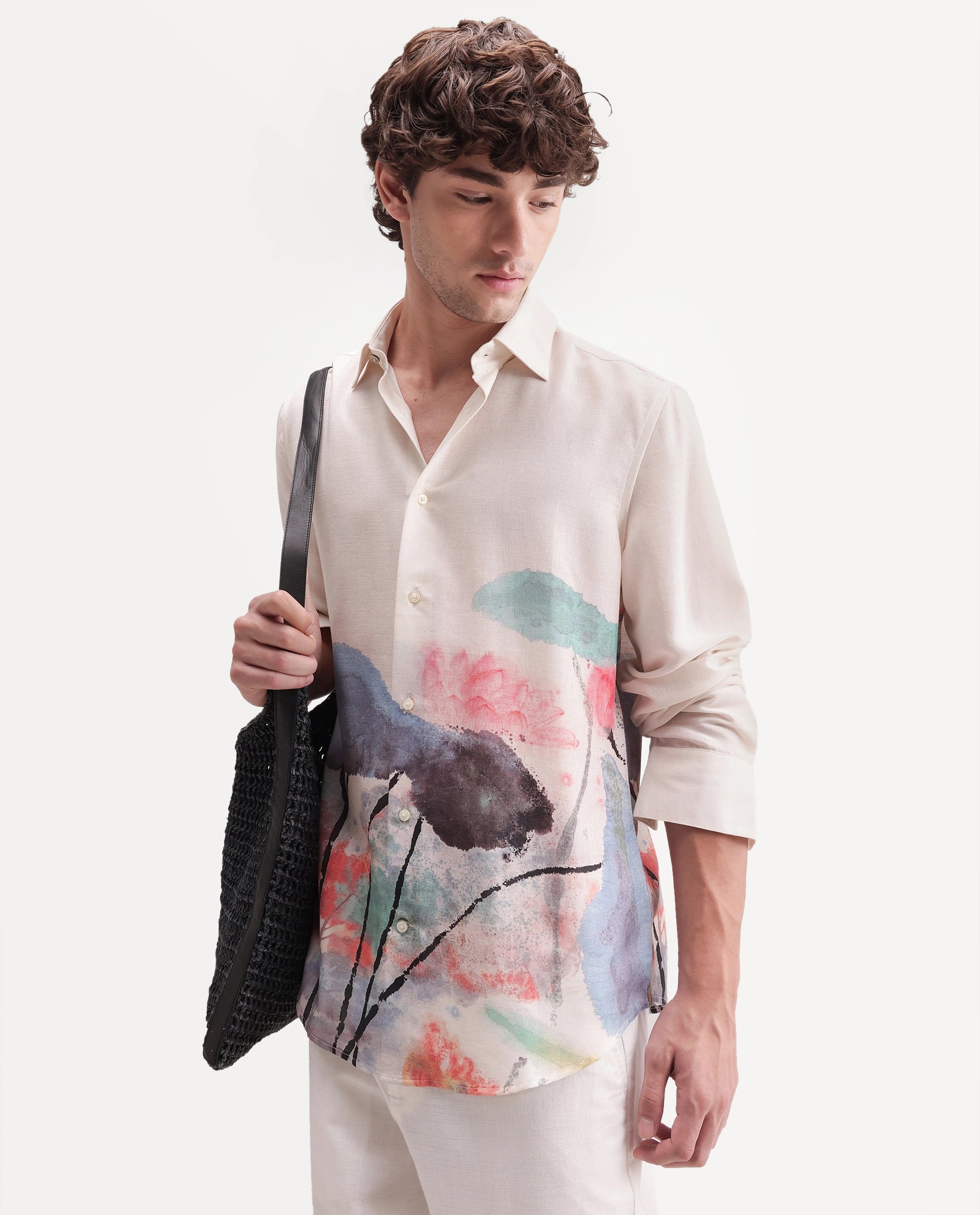 Rare Rabbit Men's Ond Off White Linen Blend Button Regular Fit Abstract Print Shirt