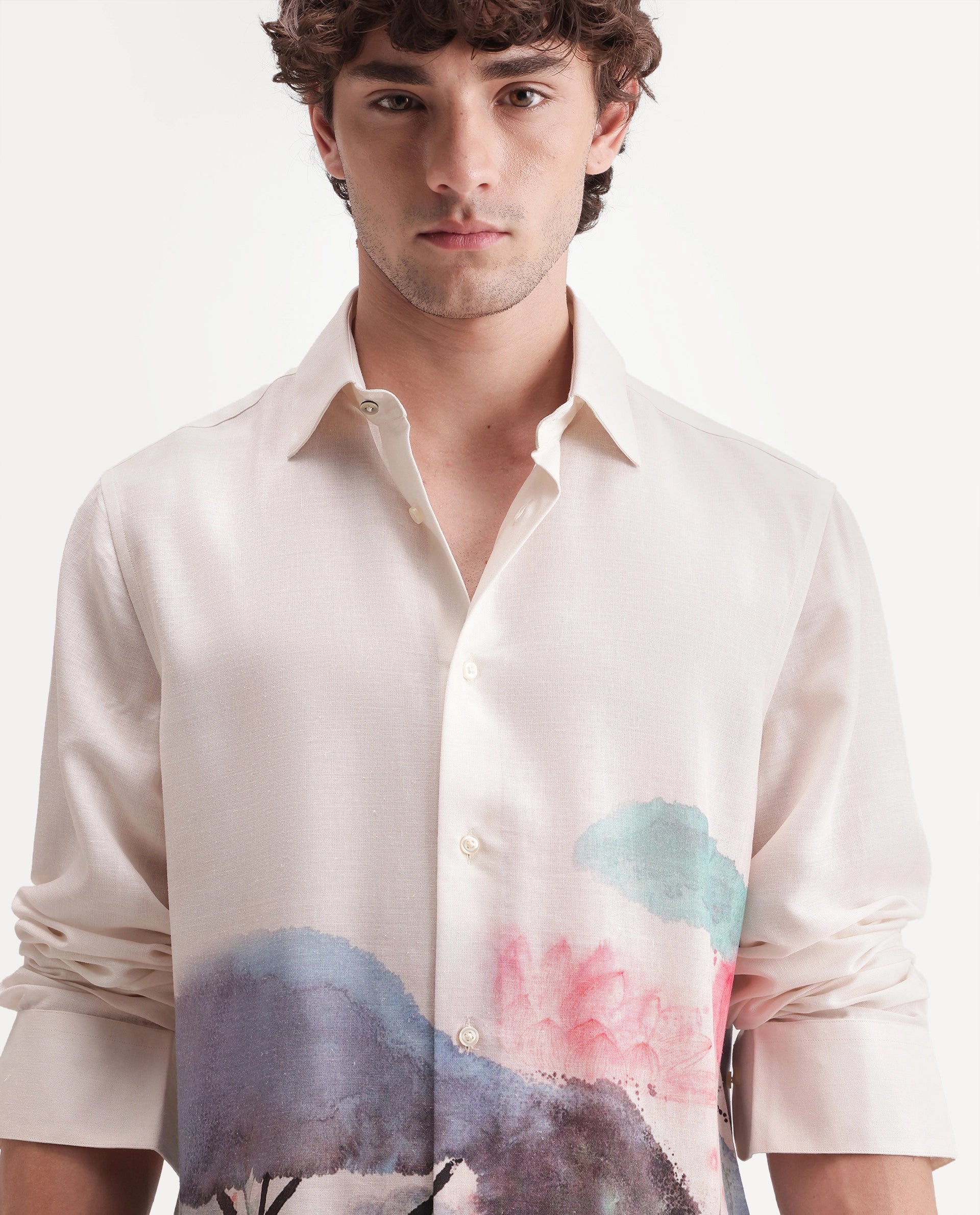 Rare Rabbit Men's Ond Off White Linen Blend Button Regular Fit Abstract Print Shirt