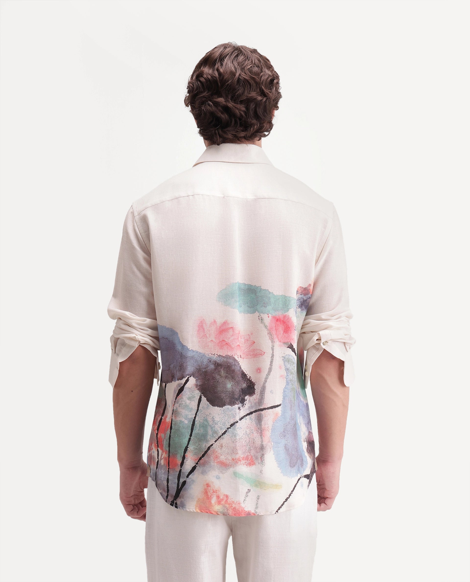 Rare Rabbit Men's Ond Off White Linen Blend Button Regular Fit Abstract Print Shirt
