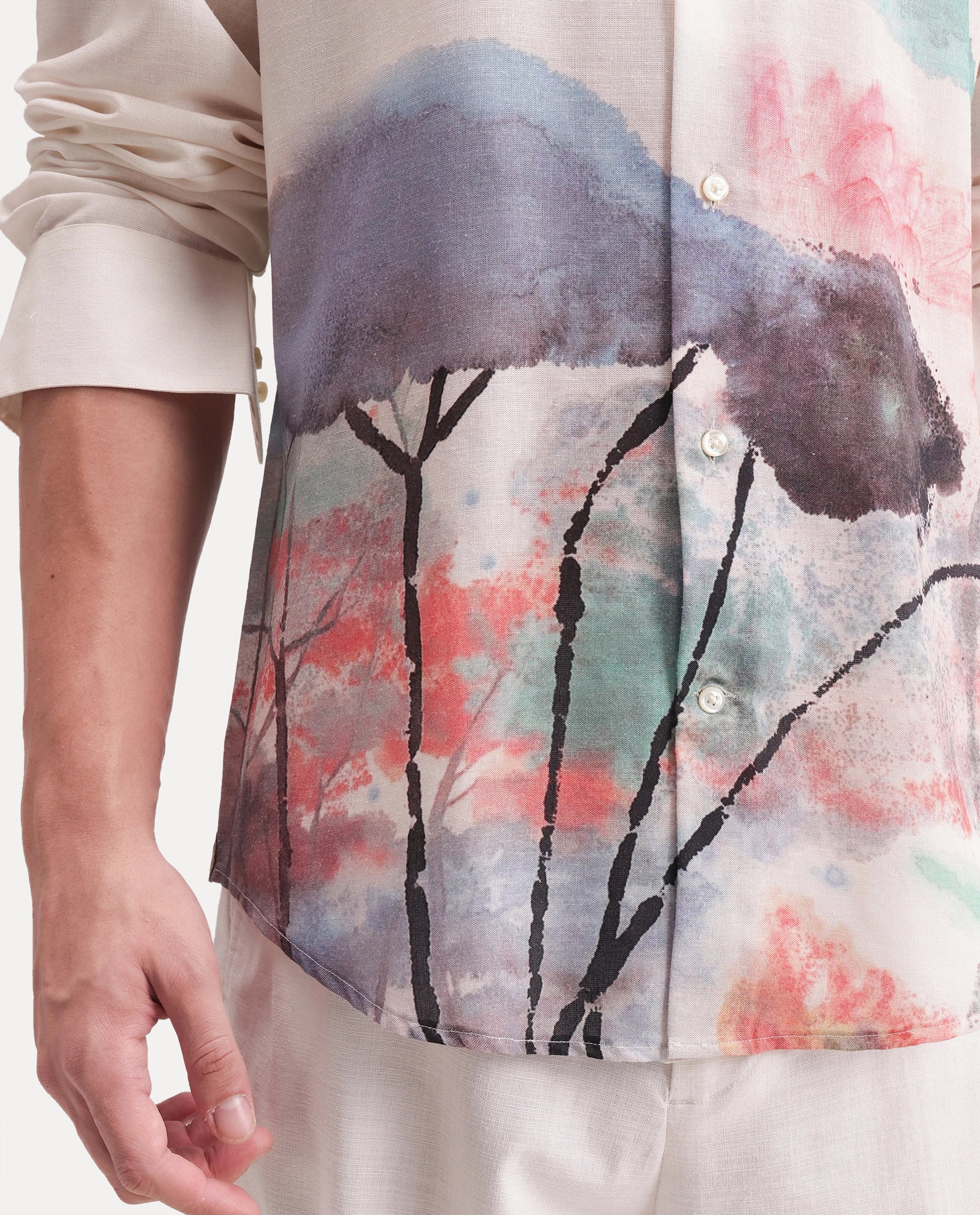 Rare Rabbit Men's Ond Off White Linen Blend Button Regular Fit Abstract Print Shirt