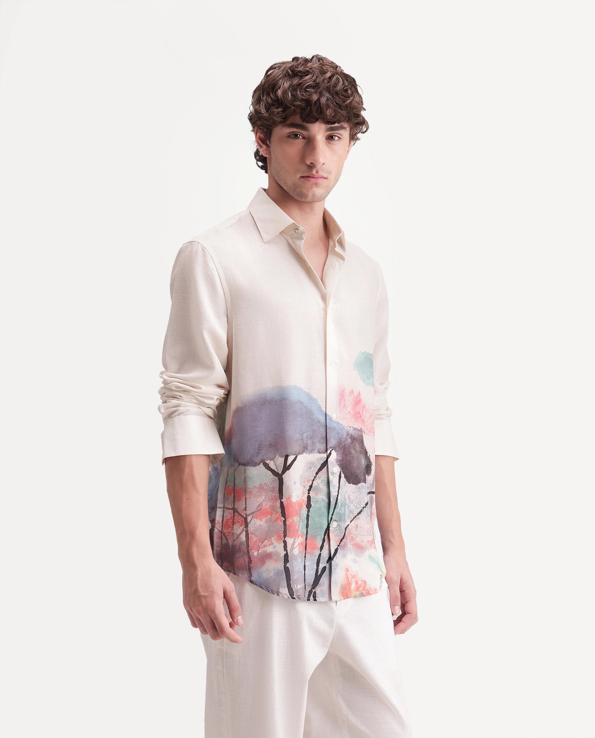 Rare Rabbit Men's Ond Off White Linen Blend Button Regular Fit Abstract Print Shirt