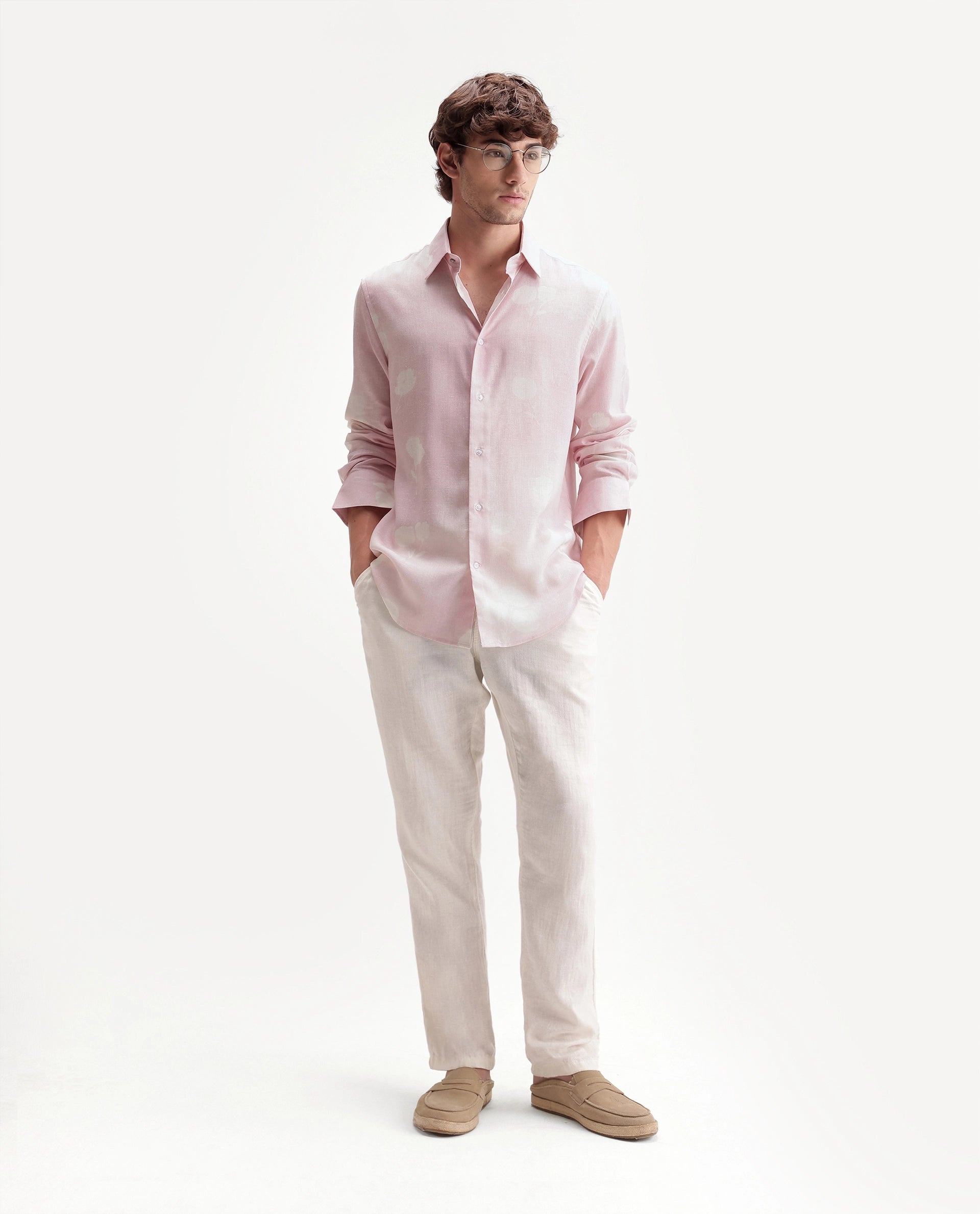 Rare Rabbit Men's Paul Pink Linen Blend Button Regular Fit Floral Print Shirt