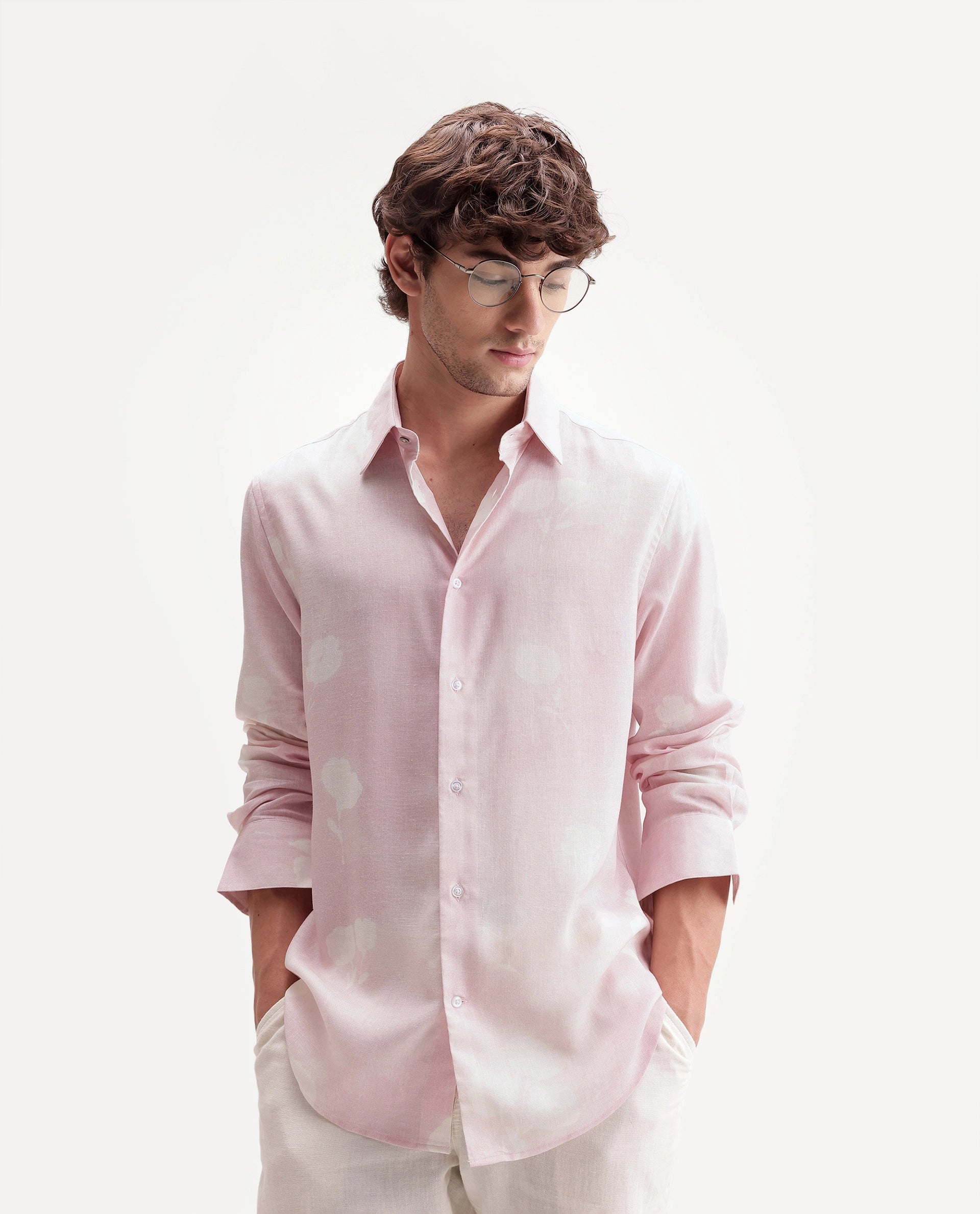 Rare Rabbit Men's Paul Pink Linen Blend Button Regular Fit Floral Print Shirt
