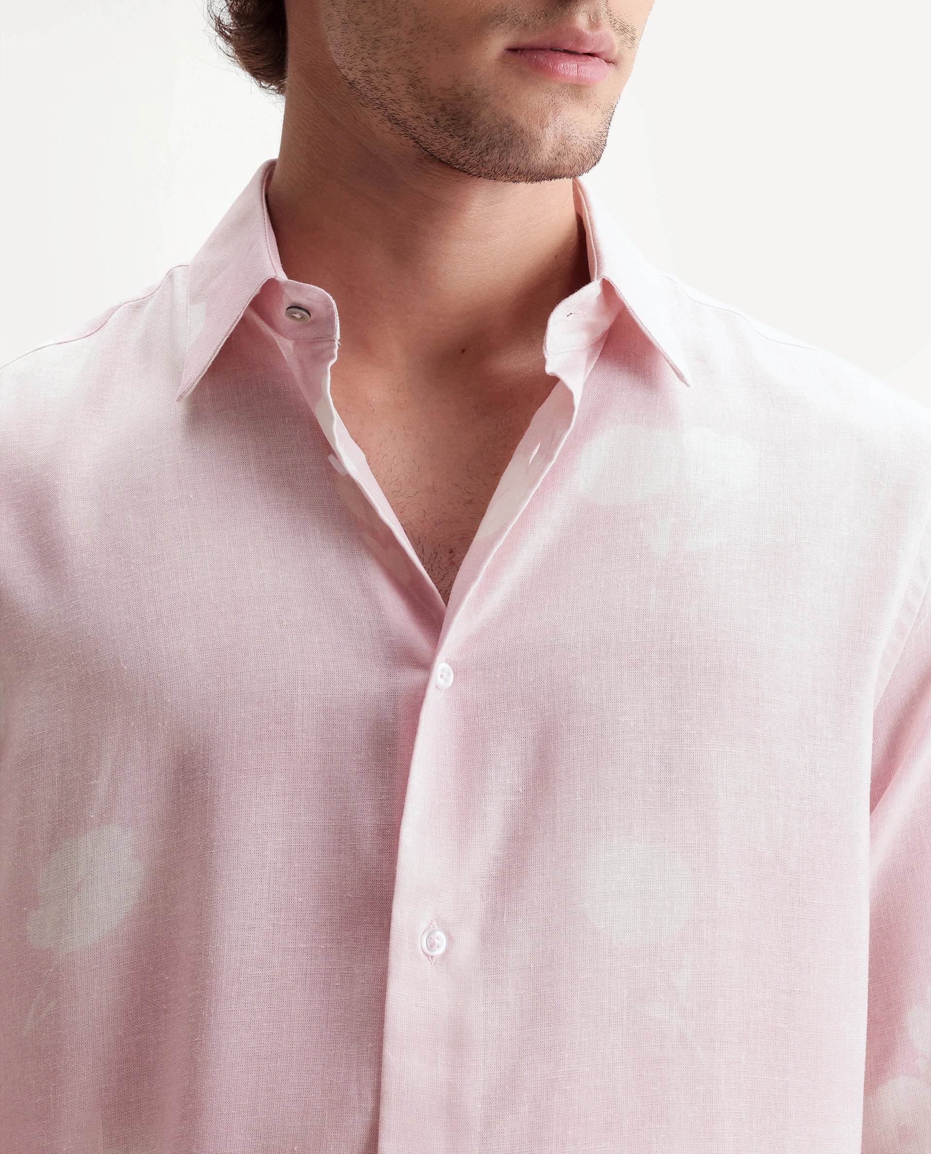 Rare Rabbit Men's Paul Pink Linen Blend Button Regular Fit Floral Print Shirt