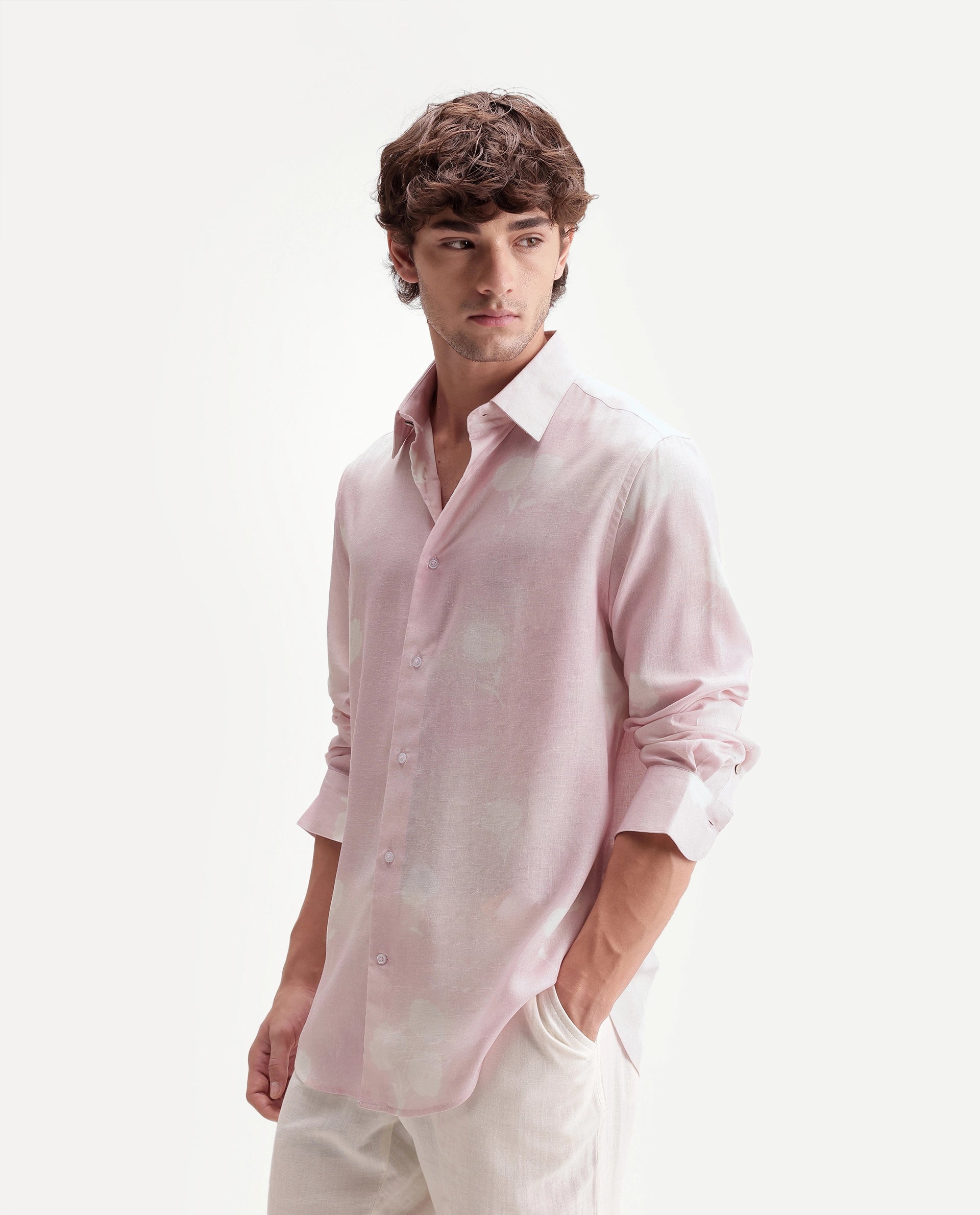 Rare Rabbit Men's Paul Pink Linen Blend Button Regular Fit Floral Print Shirt