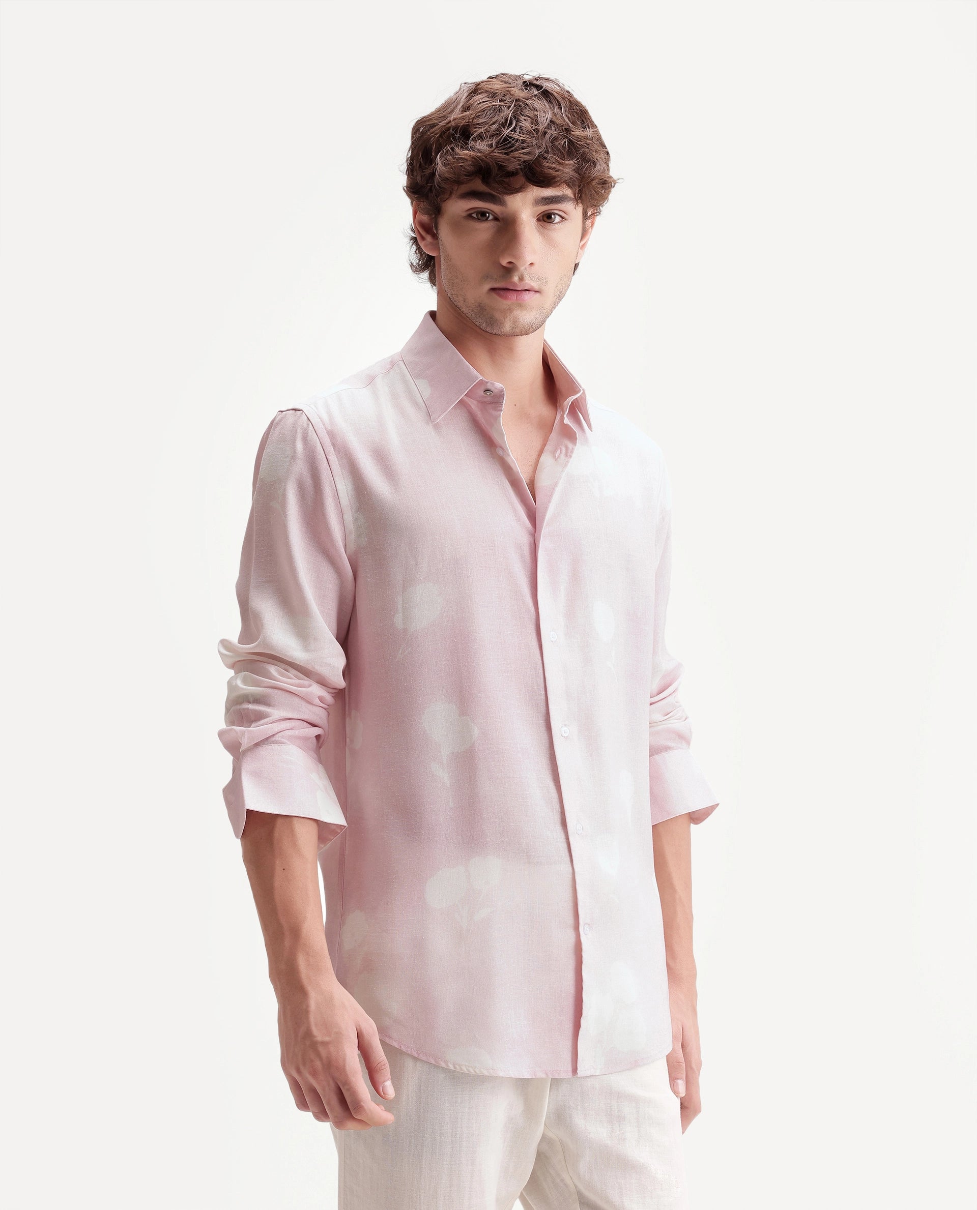 Rare Rabbit Men's Paul Pink Linen Blend Button Regular Fit Floral Print Shirt
