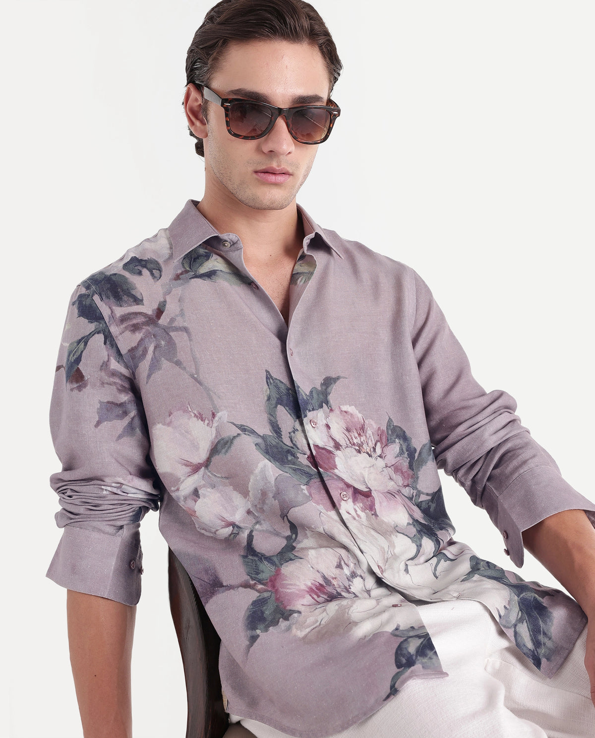 Rare Rabbit Men's Piro Light Purple Linen Blend Button Regular Fit Floral Print Shirt