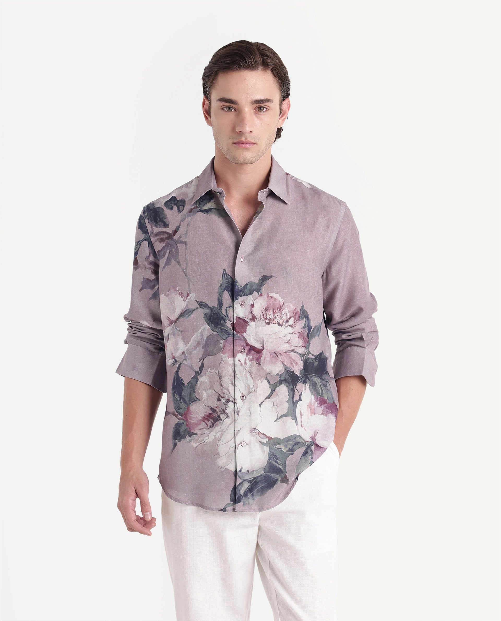 Rare Rabbit Men's Piro Light Purple Linen Blend Button Regular Fit Floral Print Shirt