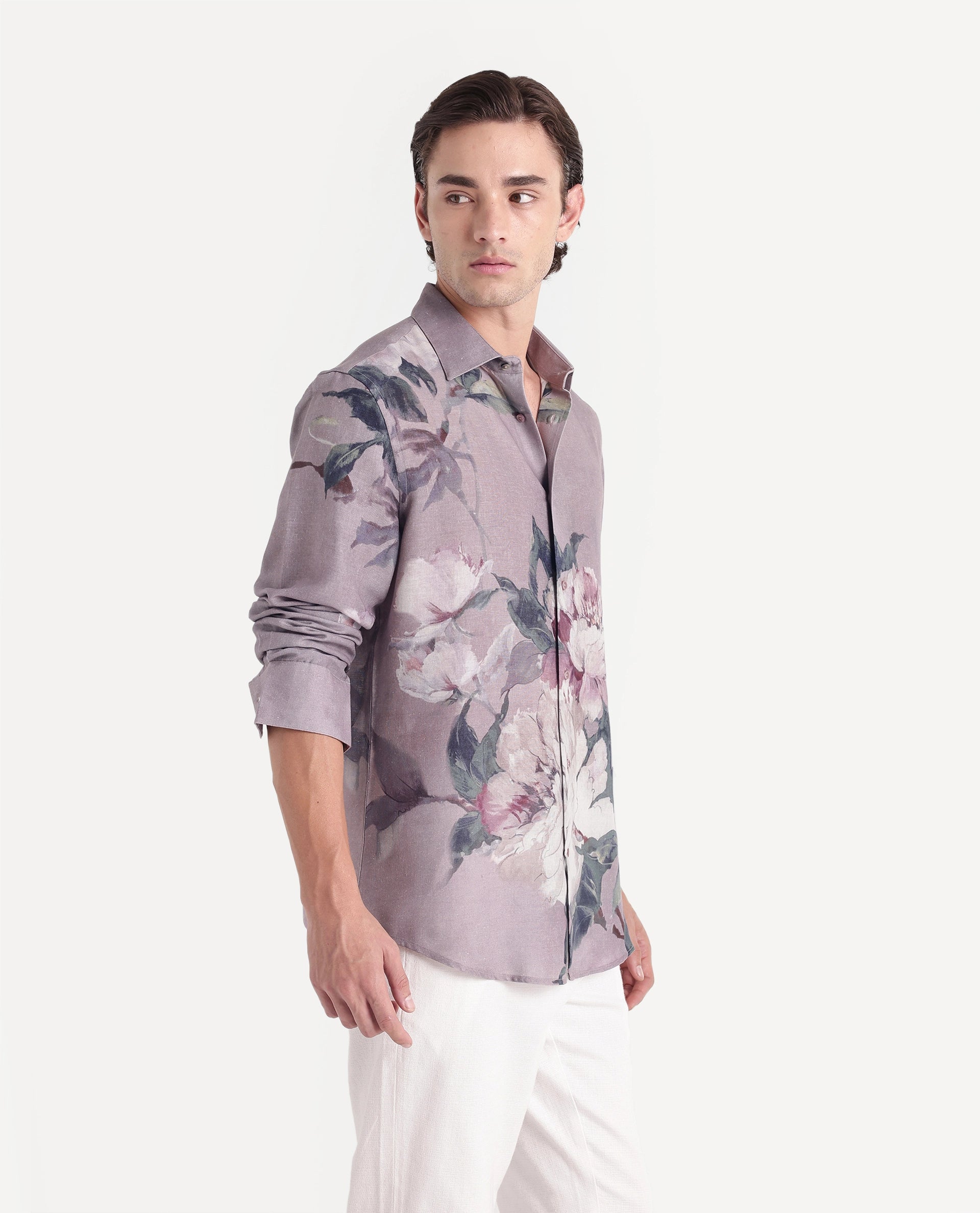Rare Rabbit Men's Piro Light Purple Linen Blend Button Regular Fit Floral Print Shirt