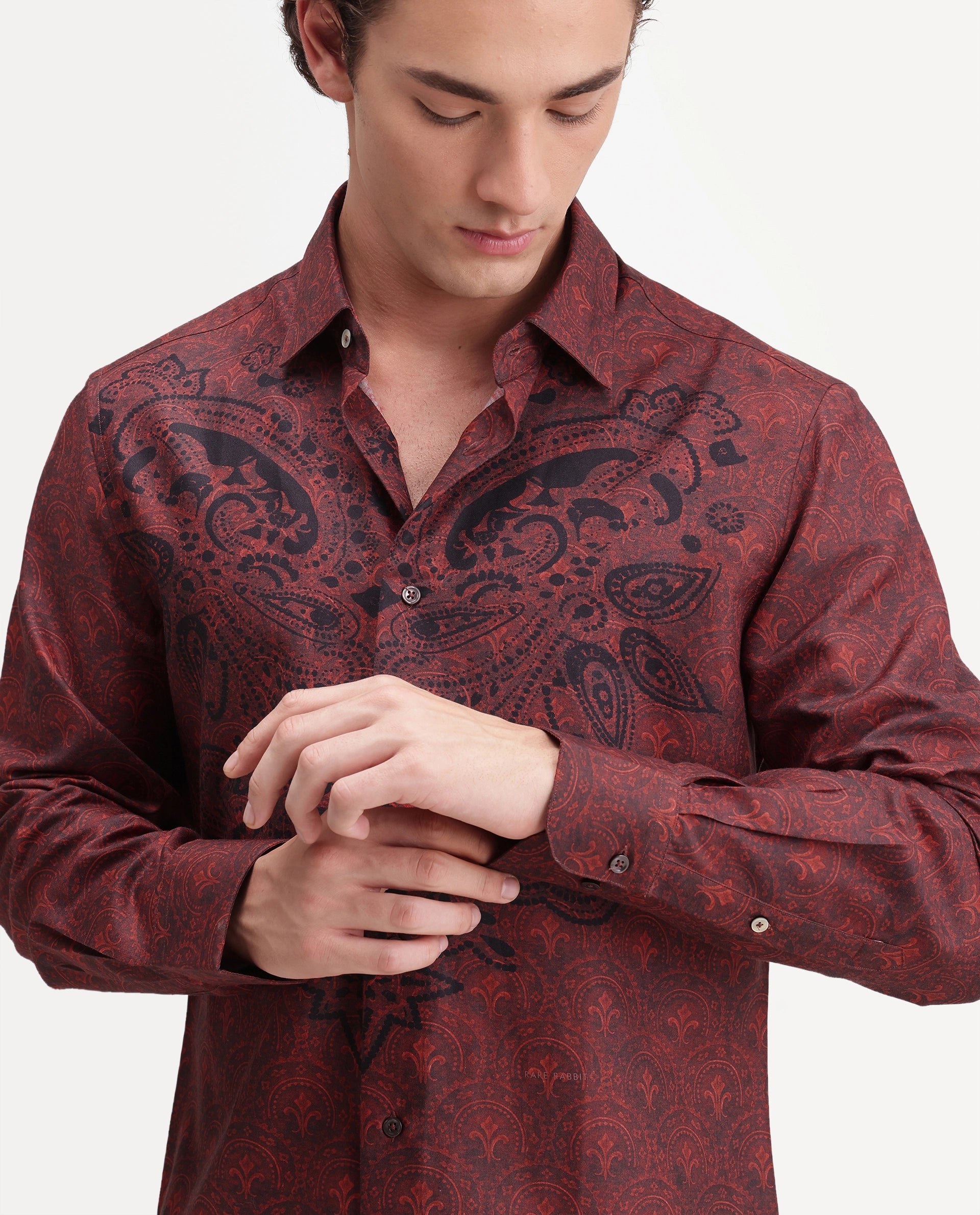 Rare Rabbit Men's Reno Red Cotton Blend Button Regular Fit Paisley Print Shirt