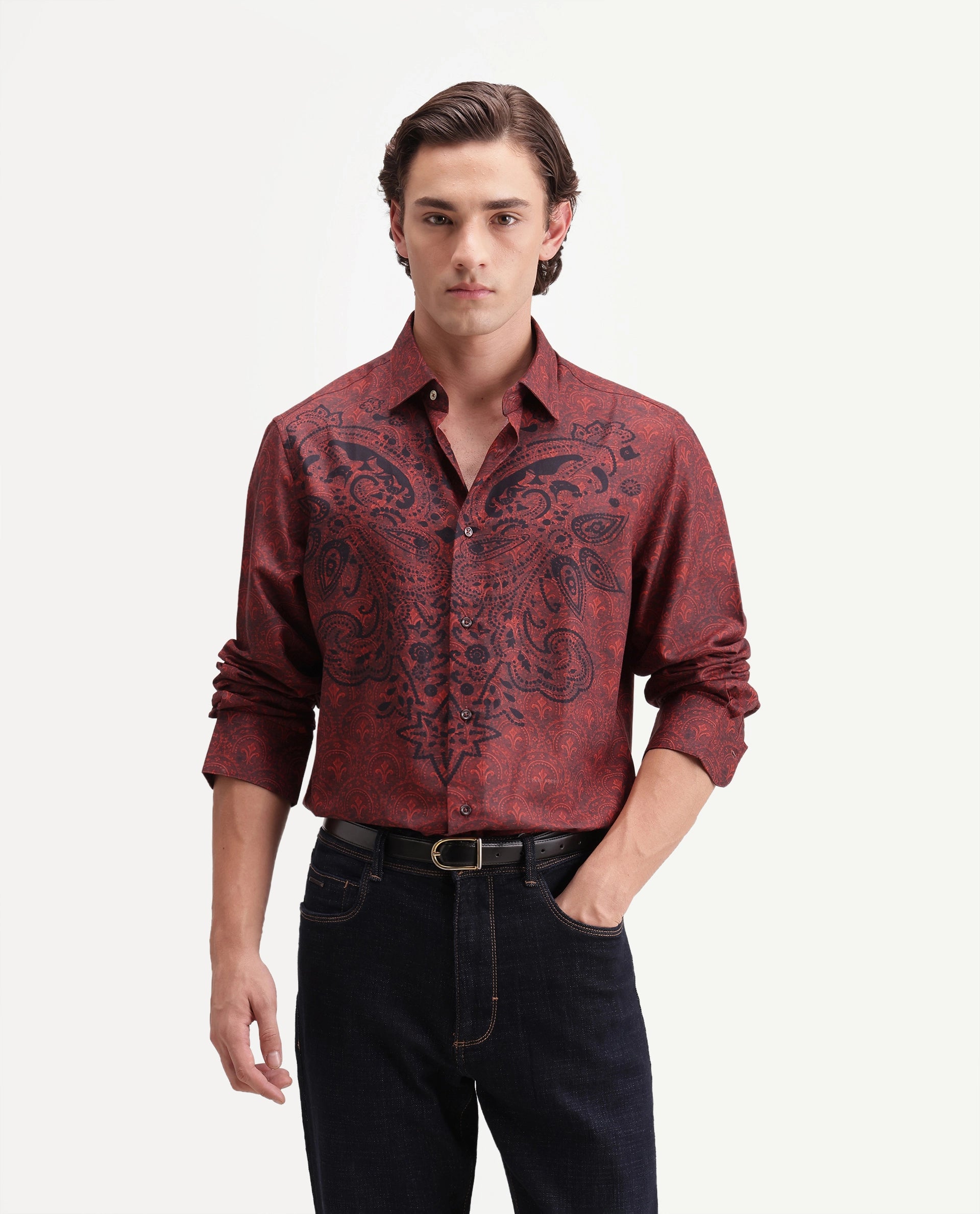 Rare Rabbit Men's Reno Red Cotton Blend Button Regular Fit Paisley Print Shirt
