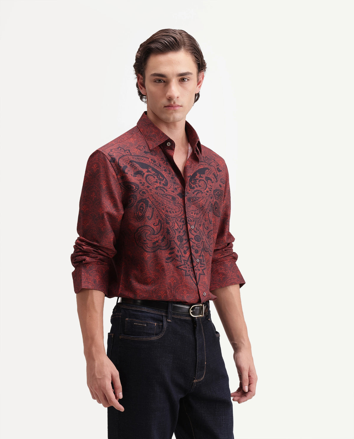 Rare Rabbit Men's Reno Red Cotton Blend Button Regular Fit Paisley Print Shirt