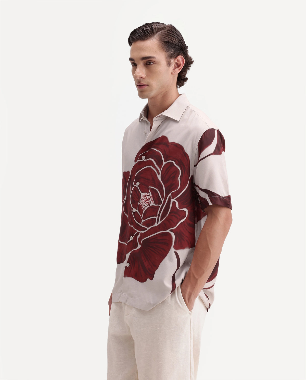Rare Rabbit Men's Rose White Viscose Button Relaxed Fit Floral Print Shirt