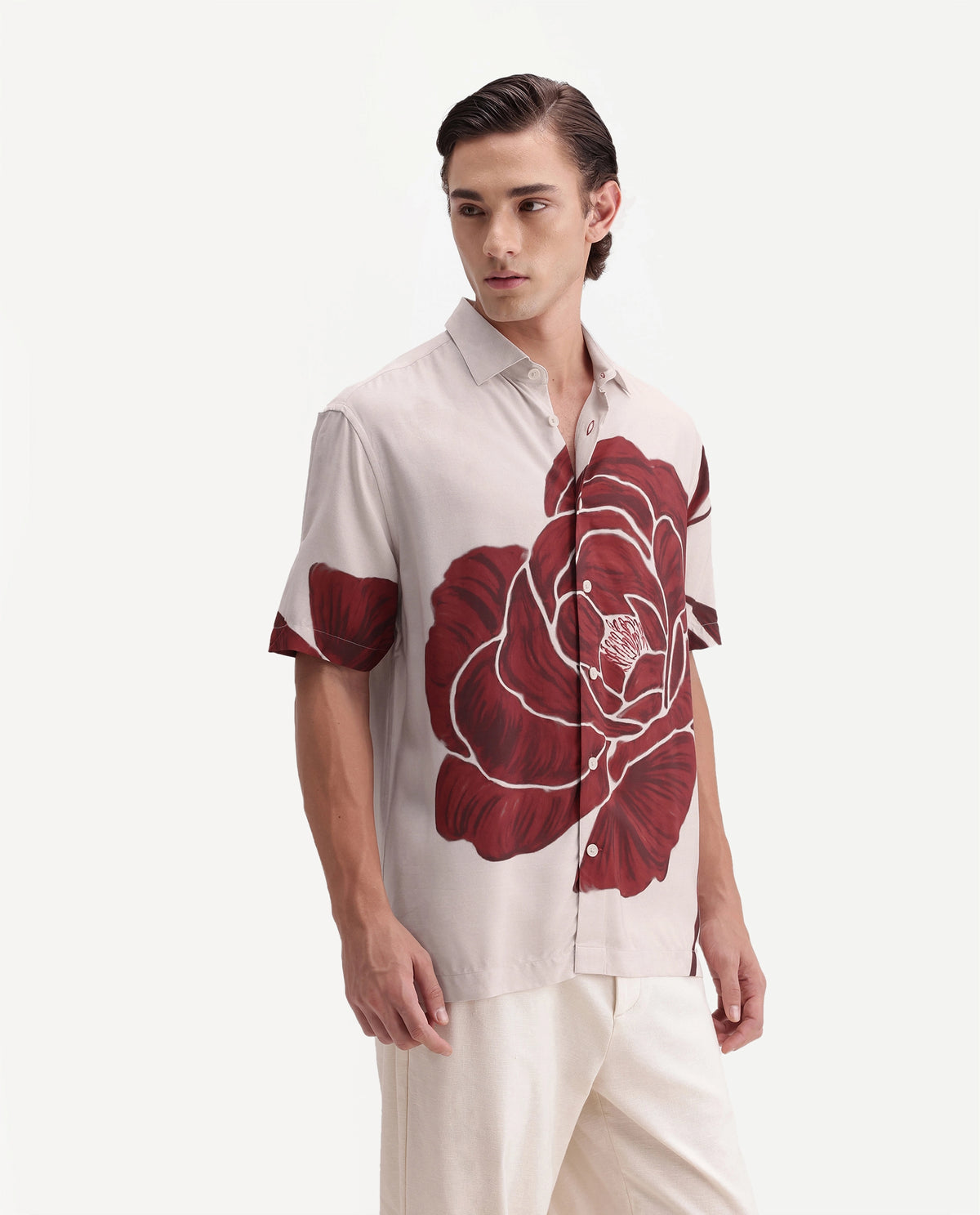 Rare Rabbit Men's Rose White Viscose Button Relaxed Fit Floral Print Shirt