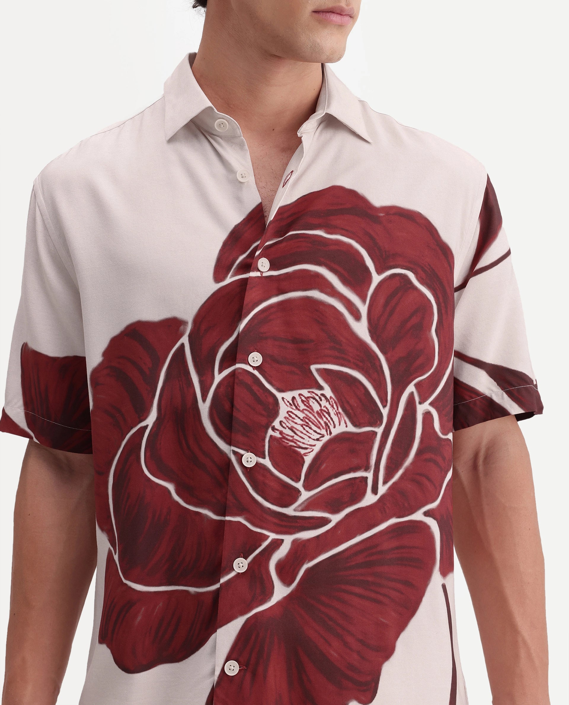 Rare Rabbit Men's Rose White Viscose Button Relaxed Fit Floral Print Shirt