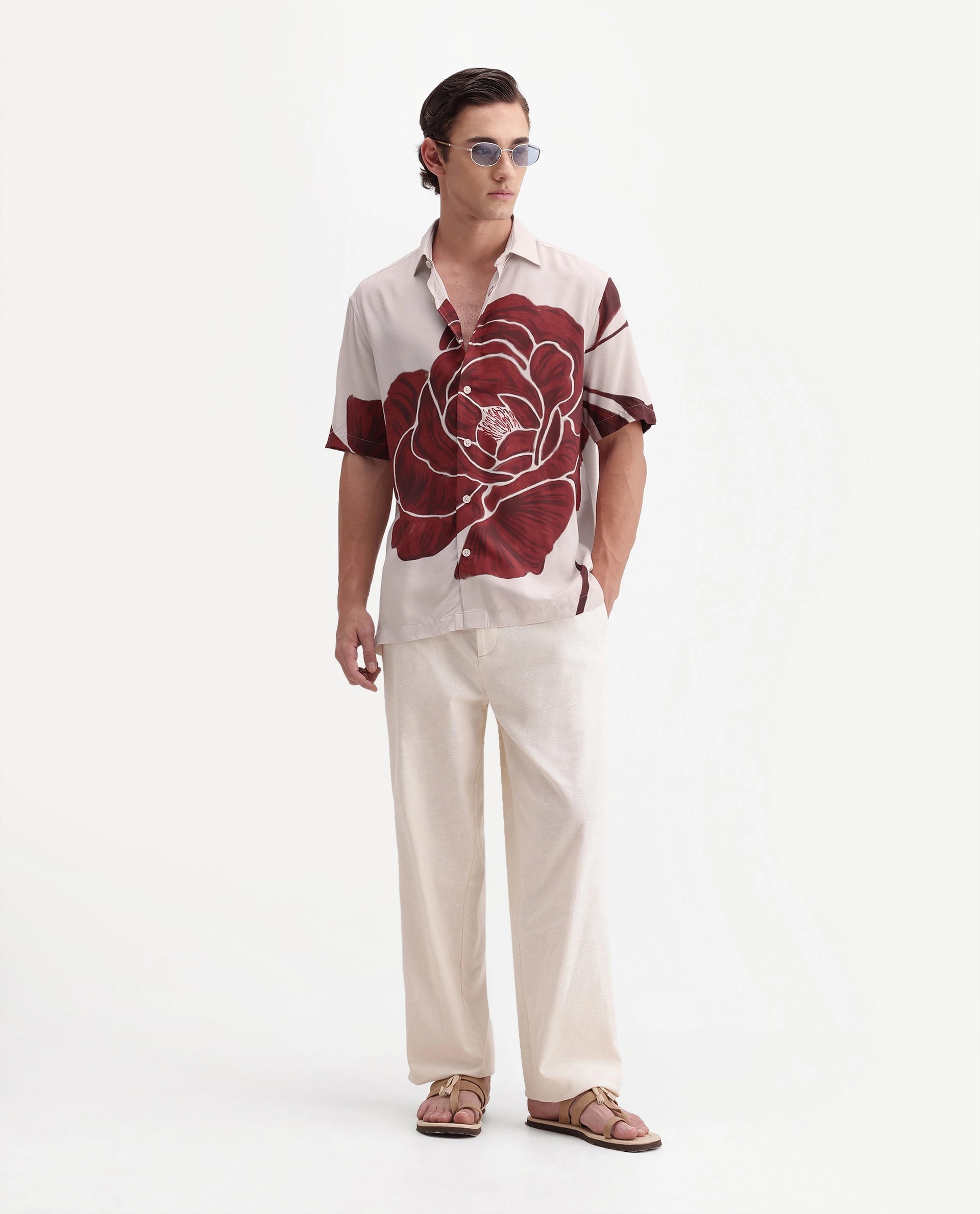 Rare Rabbit Men's Rose White Viscose Button Relaxed Fit Floral Print Shirt