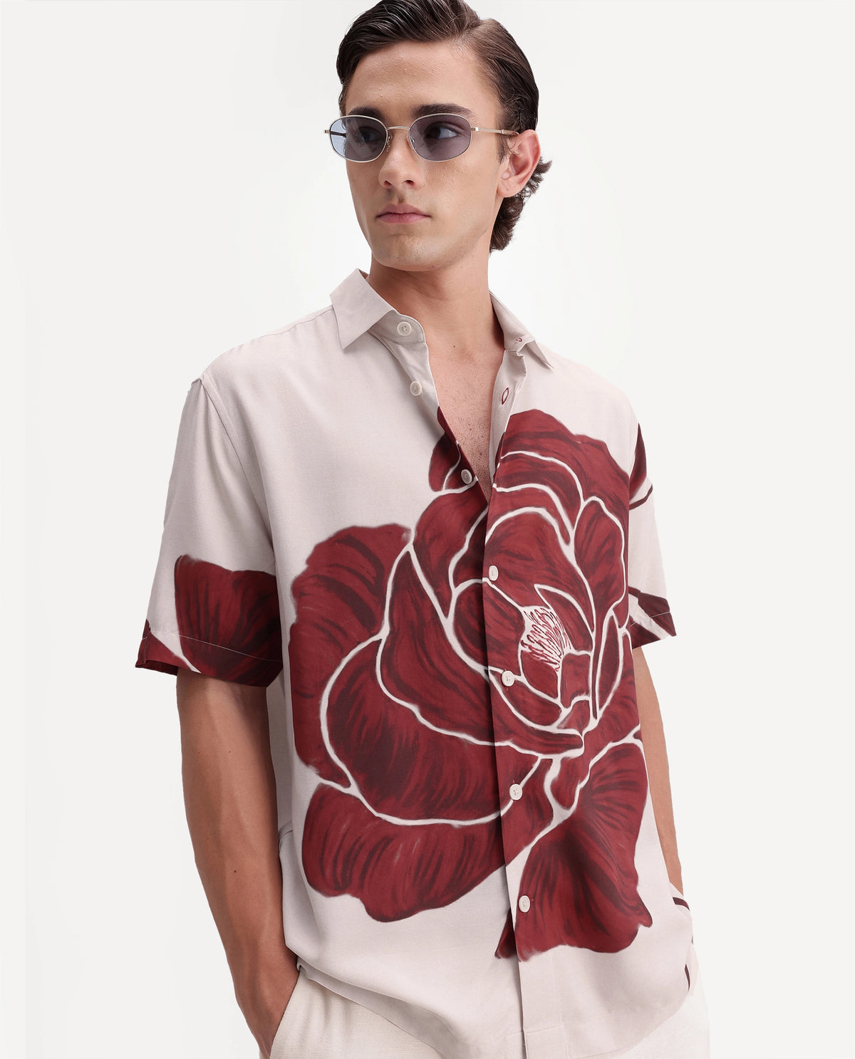 Rare Rabbit Men's Rose White Viscose Button Relaxed Fit Floral Print Shirt