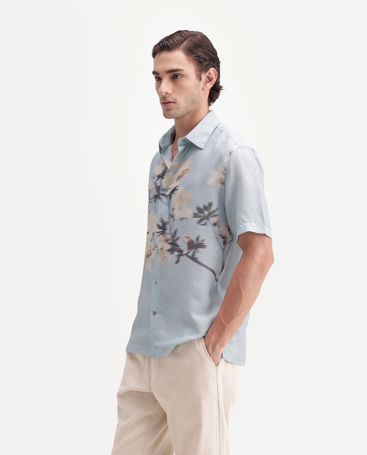 Rare Rabbit Men's Sumo Pastel Blue Linen Blend Button Regular Fit Floral Print Shirt