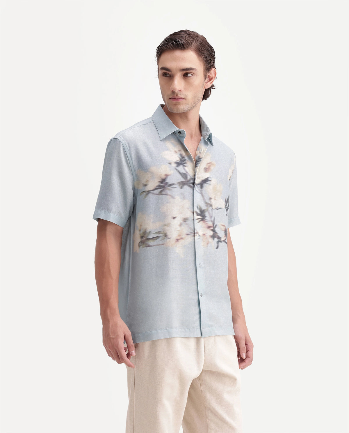 Rare Rabbit Men's Sumo Pastel Blue Linen Blend Button Regular Fit Floral Print Shirt