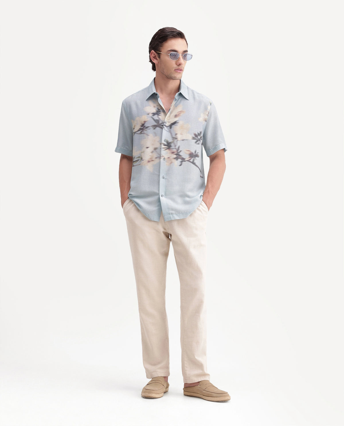Rare Rabbit Men's Sumo Pastel Blue Linen Blend Button Regular Fit Floral Print Shirt