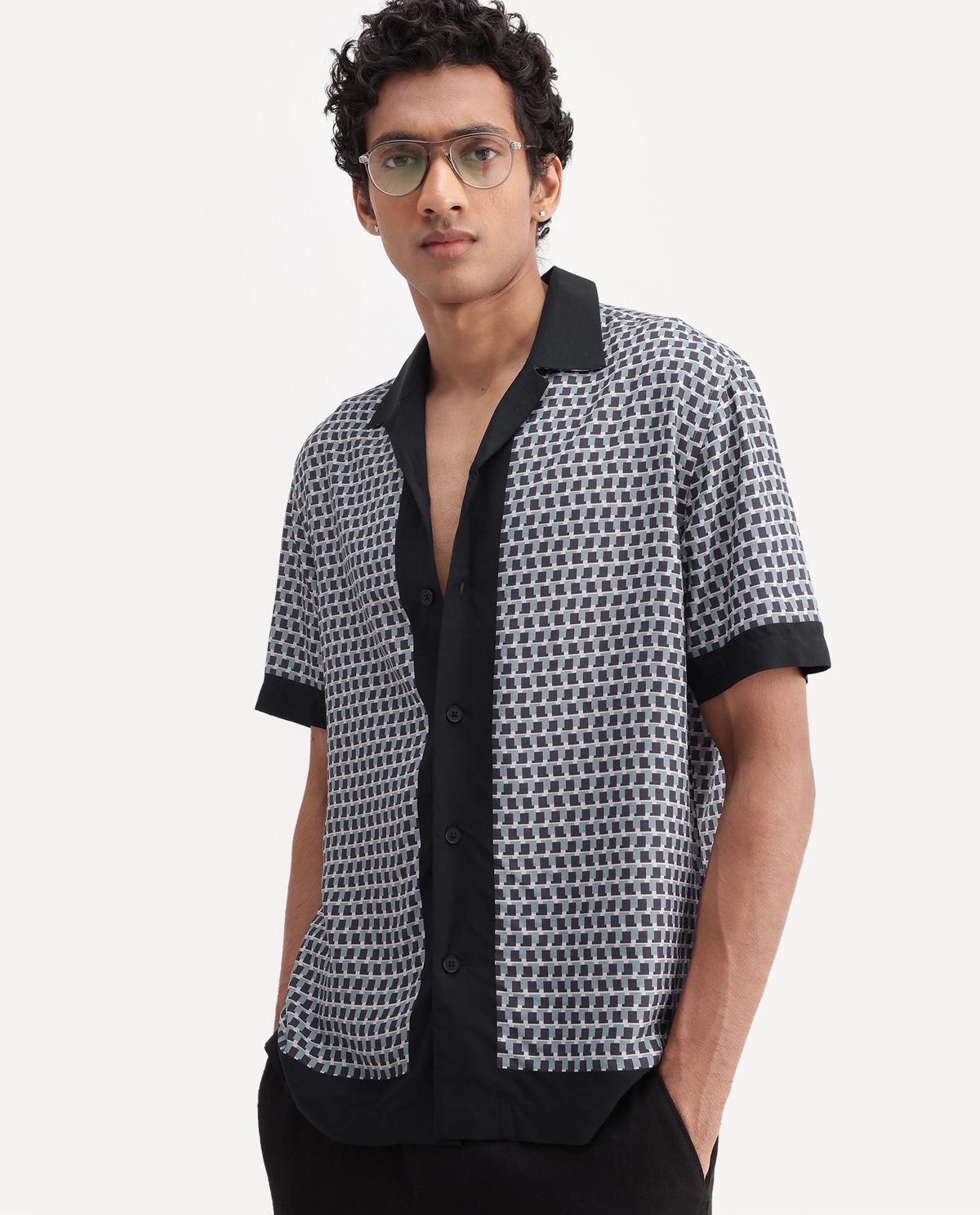 Rare Rabbit Men's Xine Off White Viscose Cuban Collar Button Regular Geometric Print Shirt - image 7