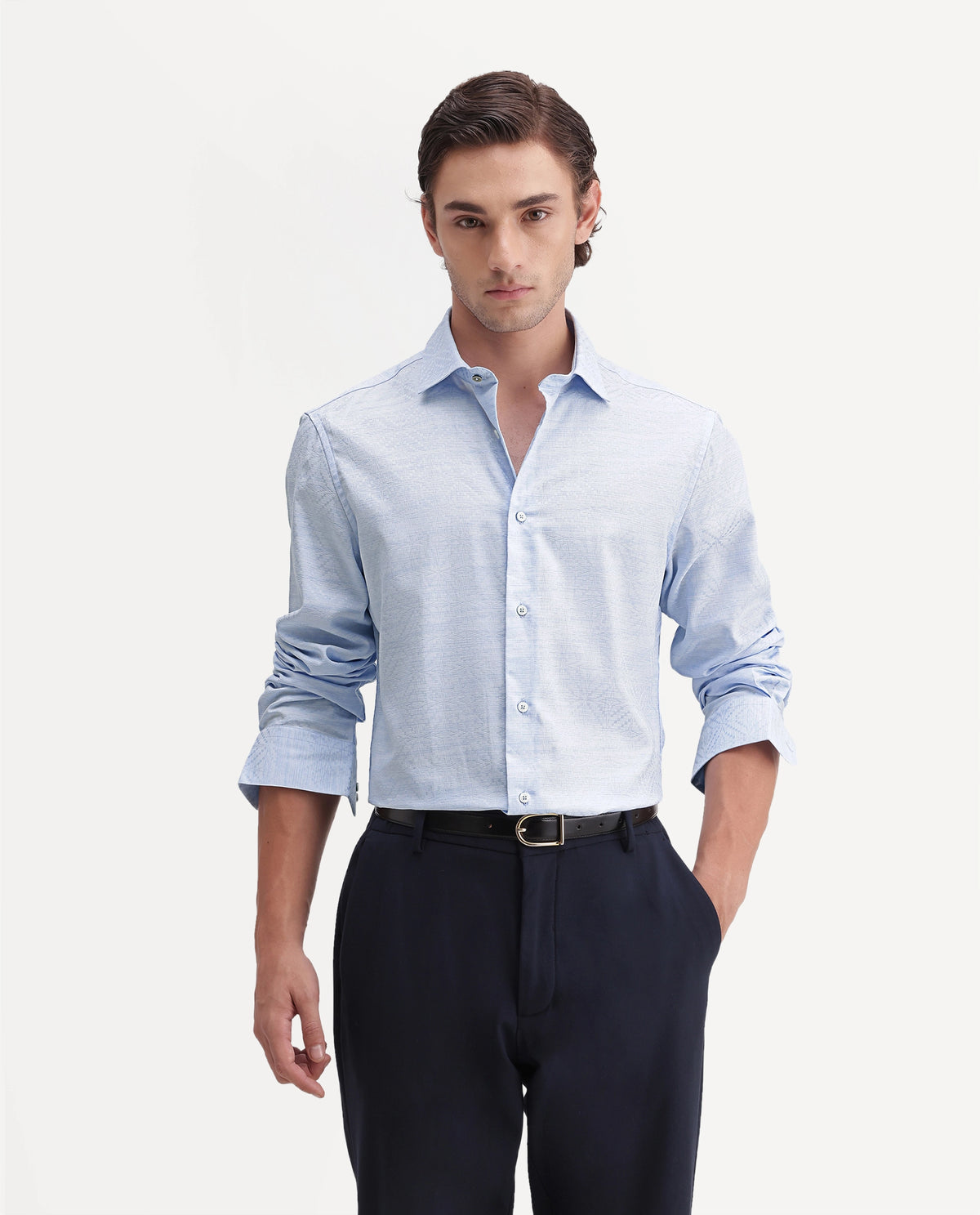 Rare Rabbit Men's Kestrel Light Blue Cotton Button Regular Fit Jacquard Shirt