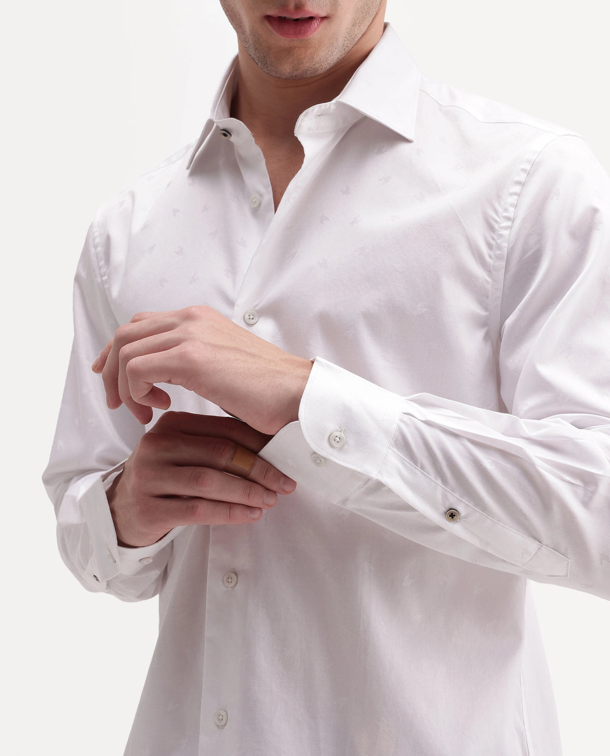 Rare Rabbit Men's Frosto White Cotton Button Regular Fit Jacquard Shirt