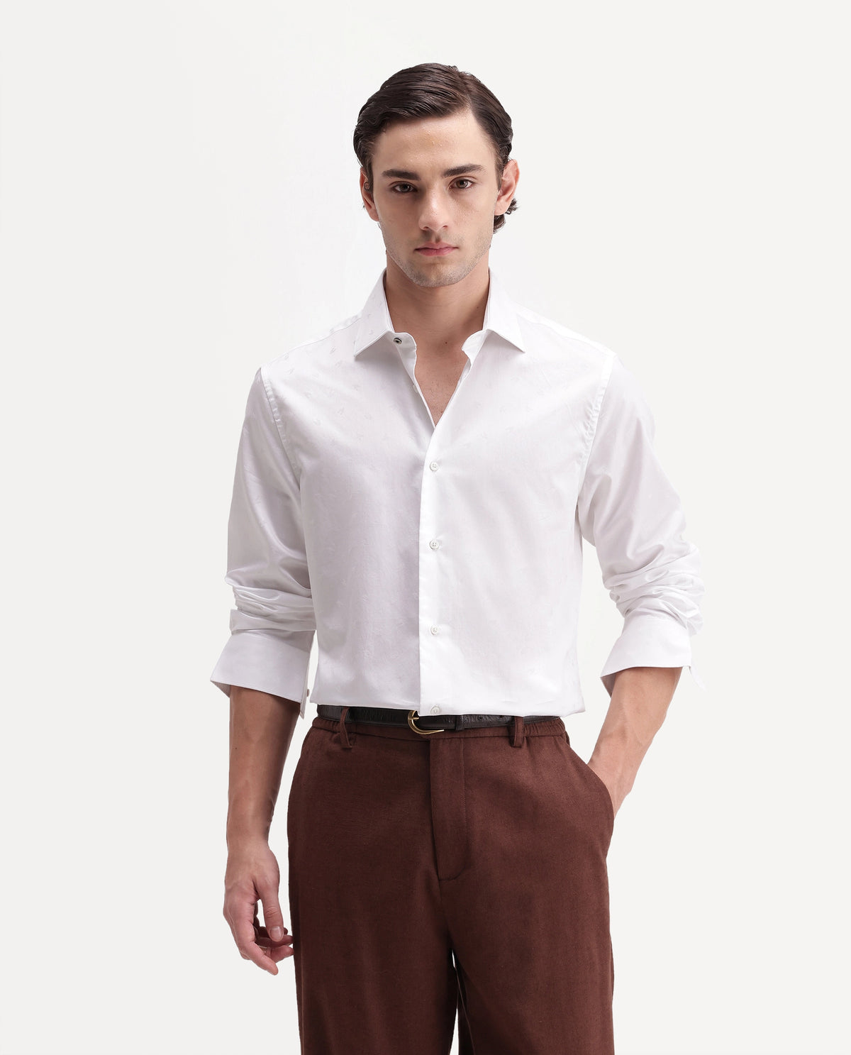 Rare Rabbit Men's Frosto White Cotton Button Regular Fit Jacquard Shirt
