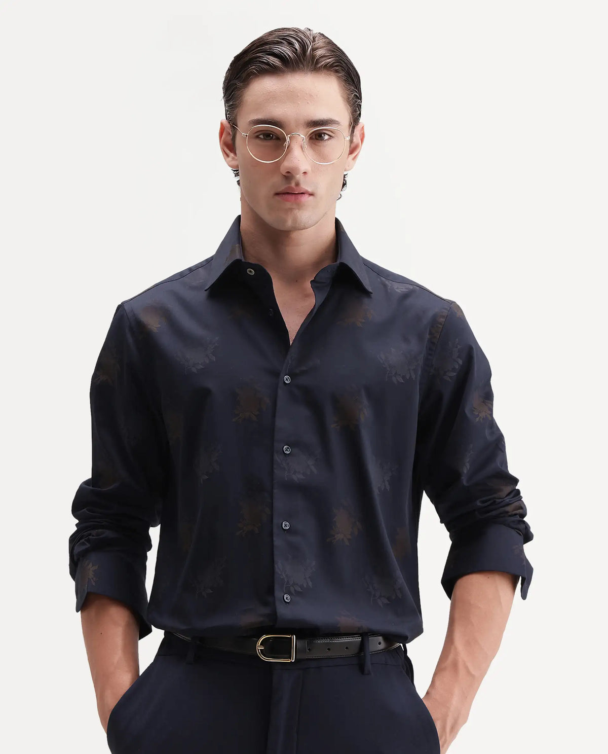 Rare Rabbit Men's Tremont Navy Cotton Button Regular Fit Jacquard Shirt
