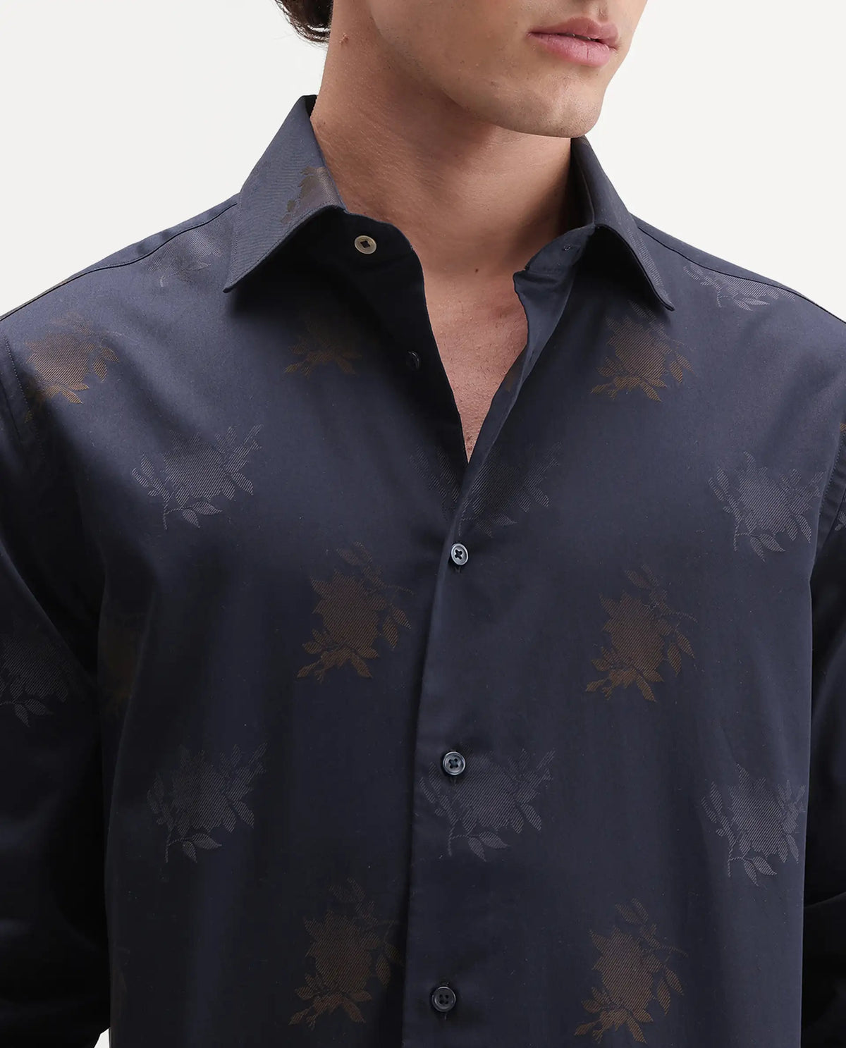 Rare Rabbit Men's Tremont Navy Cotton Button Regular Fit Jacquard Shirt