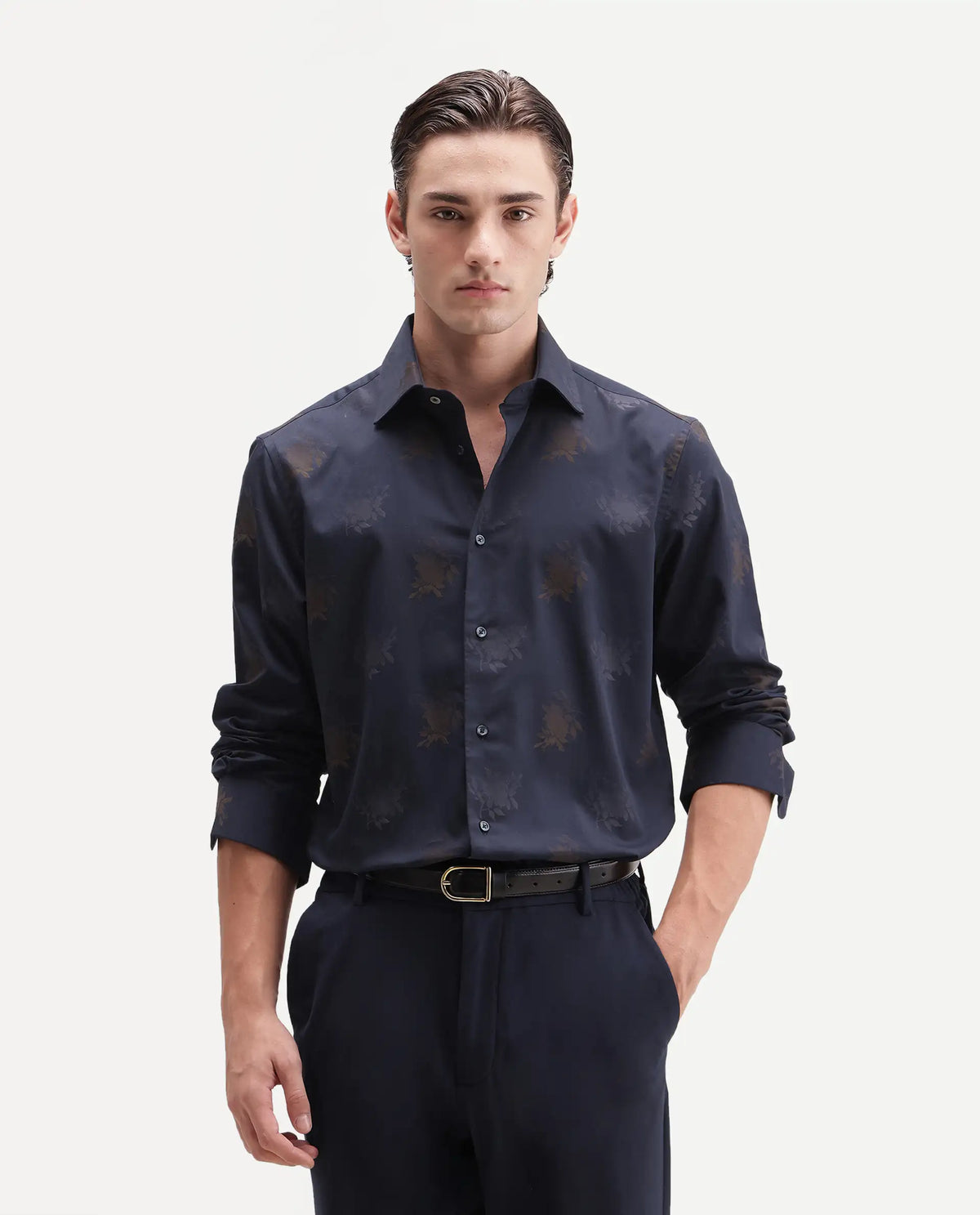 Rare Rabbit Men's Tremont Navy Cotton Button Regular Fit Jacquard Shirt