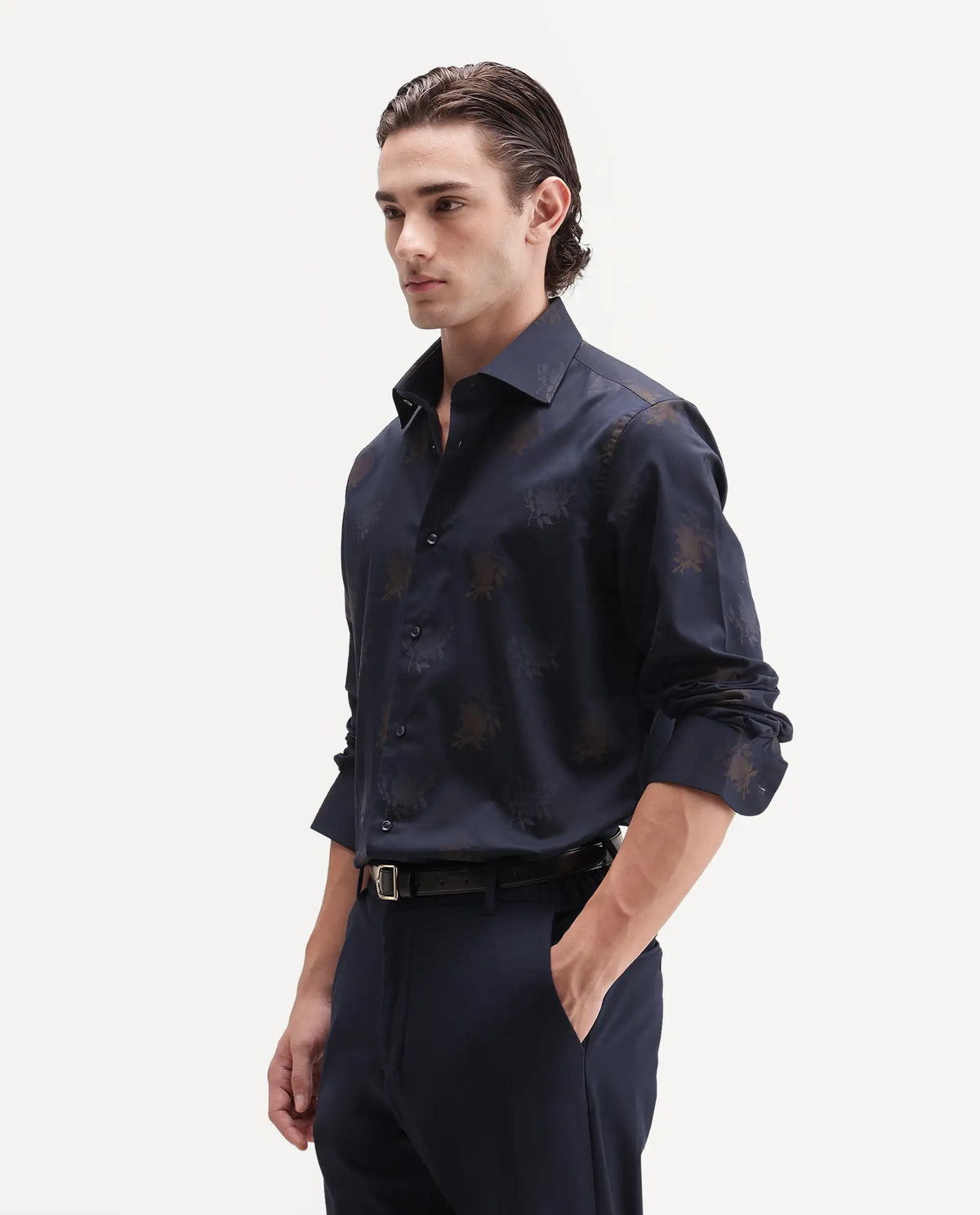 Rare Rabbit Men's Tremont Navy Cotton Button Regular Fit Jacquard Shirt
